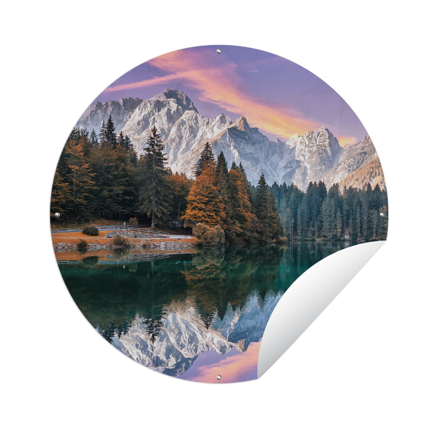 OnlyWow Poster für Garten Berg - Wald - Wasser - Himmel - Rosa - Lila, Gartenposter, Outdoor Bilder, Wetterfest, Garten Deko, 60x60 cm