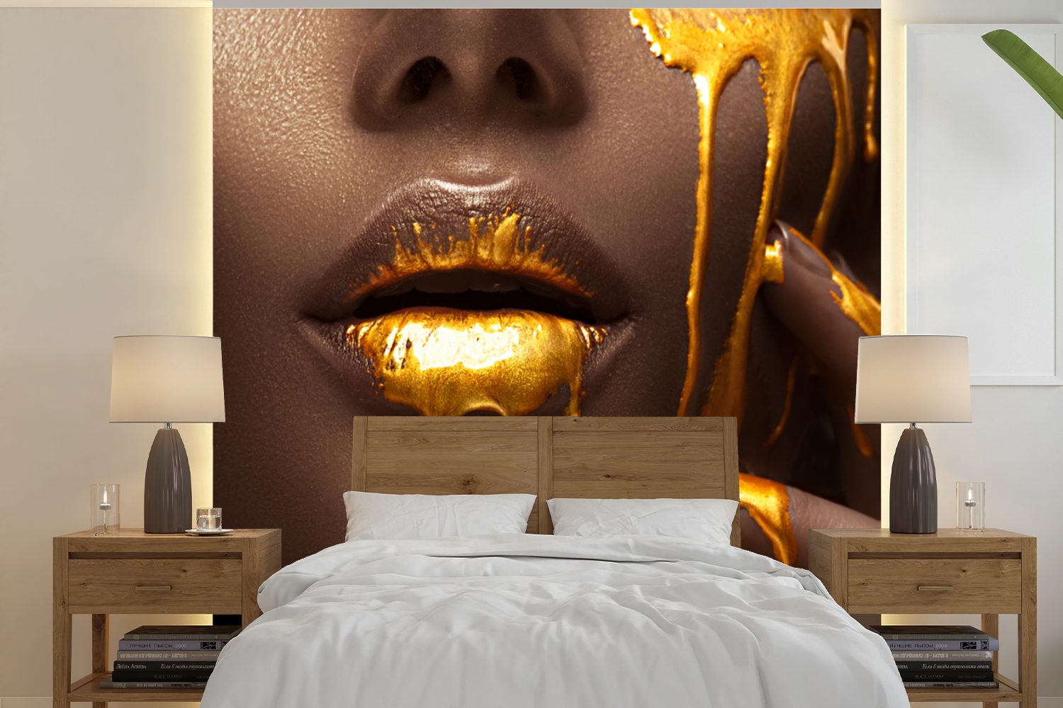 MuchoWow Fototapete Frau - Gold - Lippen, Matt, bedruckt, (5 St), Vinyl Tapete für Wohnzimmer oder Schlafzimmer, Wandtapete