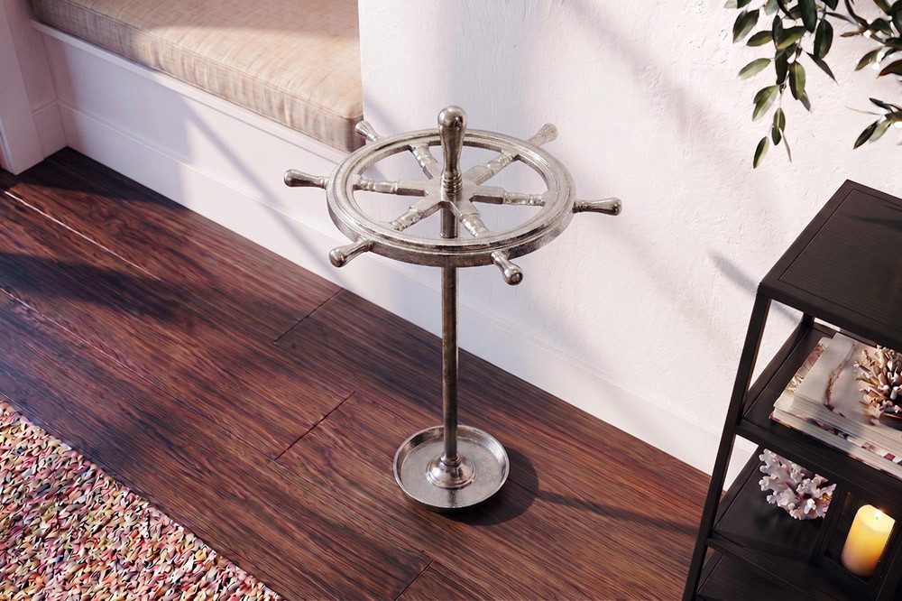 riess-ambiente Schirmständer SEVEN SEAS 65cm silber - Aluminium-Metall, maritimes Design (Einzelartikel, 1 St), Steuerrad-Optik mit stabilem Stand – ideal für Flur & Eingangsbereich