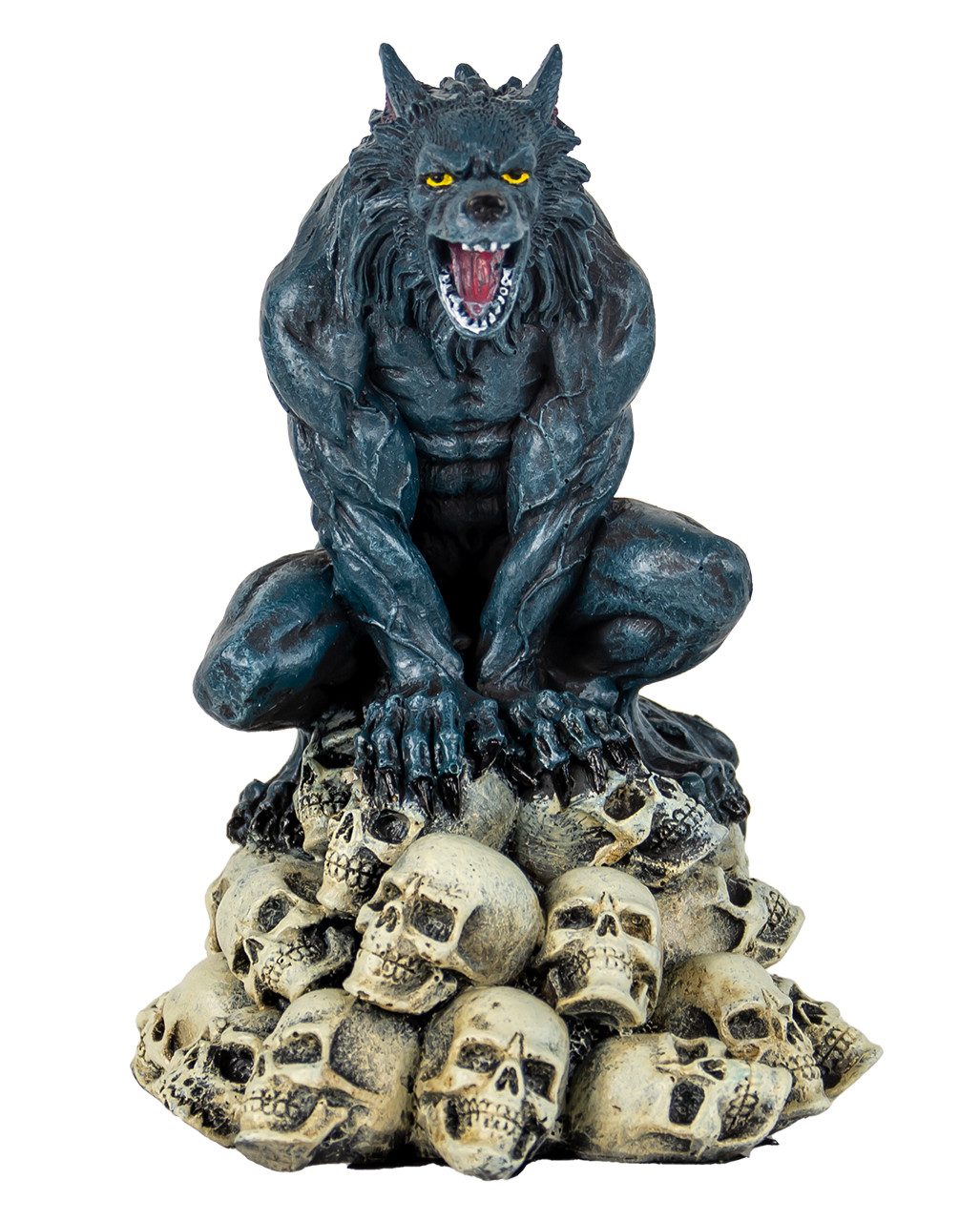 Horror-Shop Dekofigur Tollwütiger Werwolf auf Totenkopfberg sitzend als