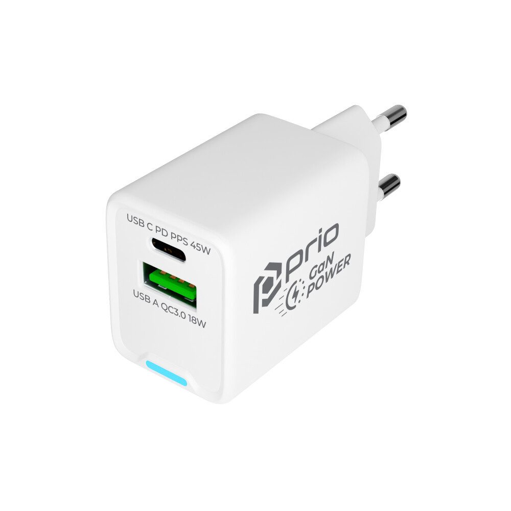 prio prio Wandladegerät GaN Power 45W PD PPS (USB C) + QC 3.0 (USB A) weiß Smartphone-Ladegerät (Ladegerät, 1-tlg)