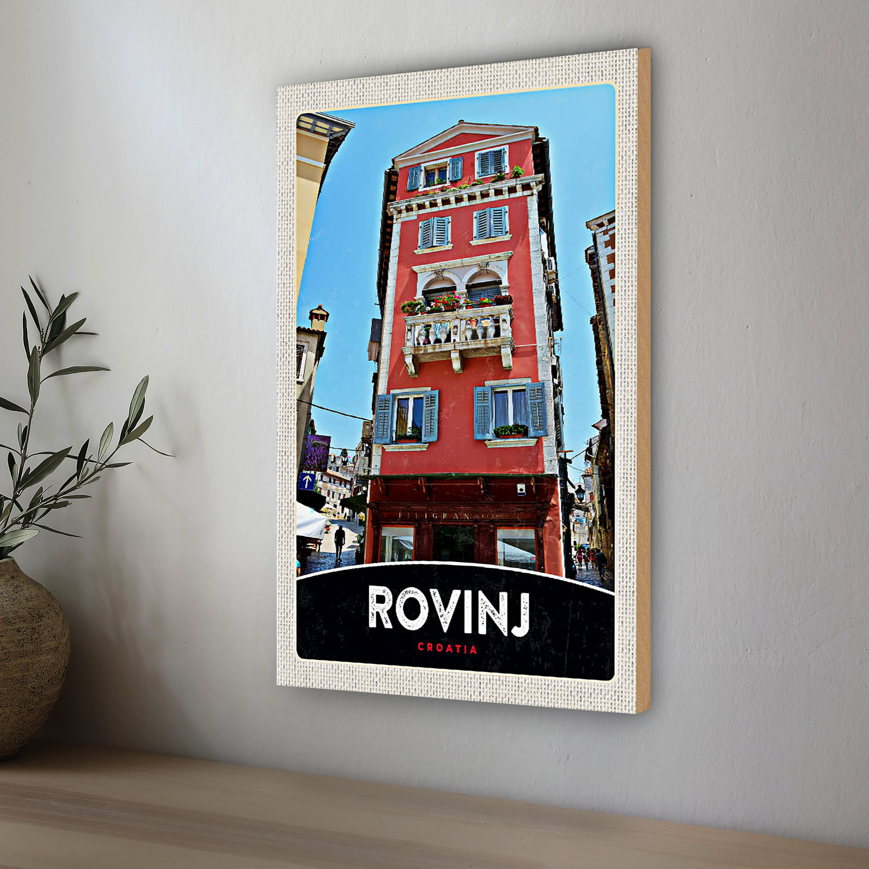 Roomando Holzbild Reise 12x18cm Rovinj Kroatien Haus rot Blumen