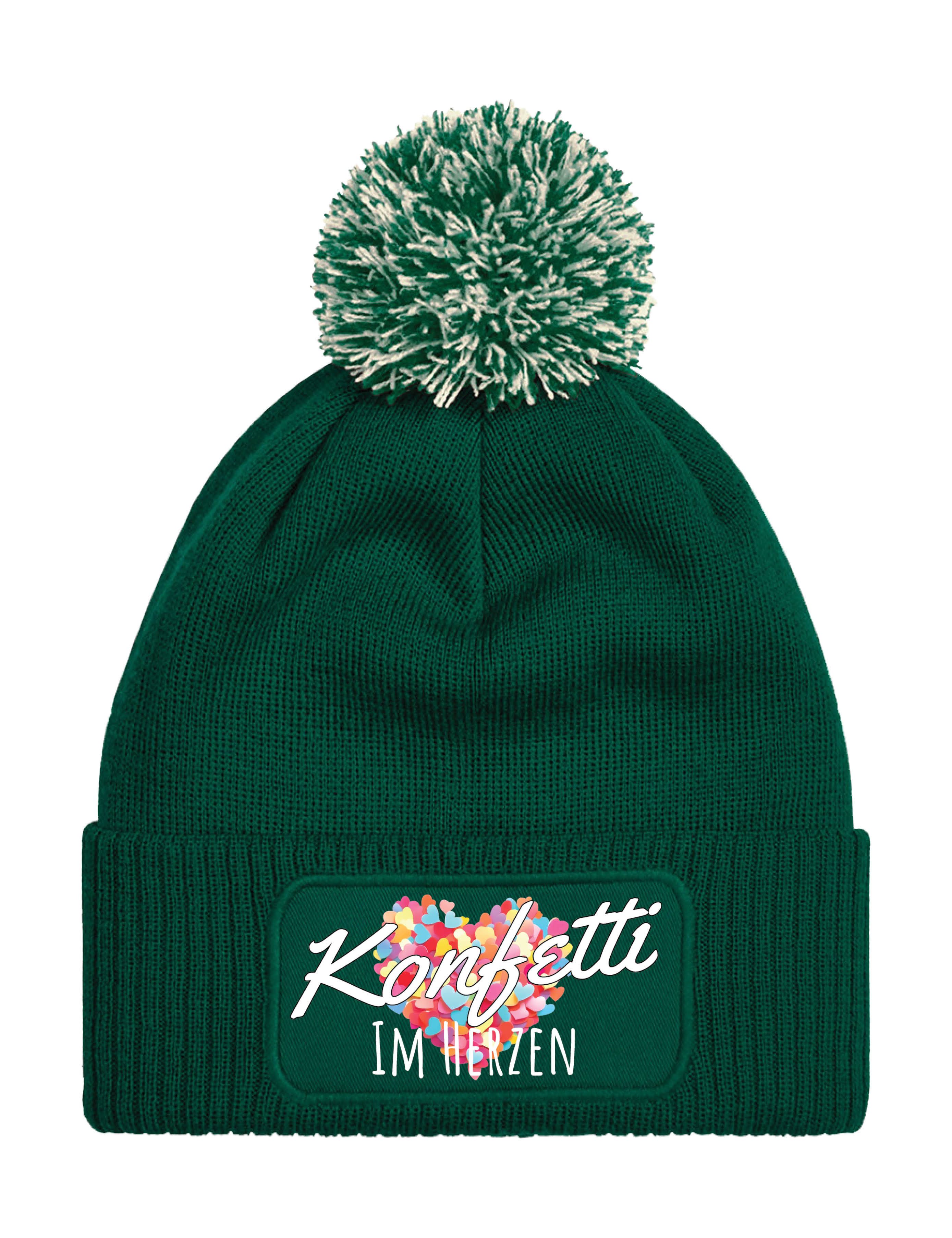Youth Designz Bommelmütze Unisex Strick Bommel Beanie Mütze Konfetti im Herz Aufdruck Geschenk mit lustigen Logo für Damen und Herren