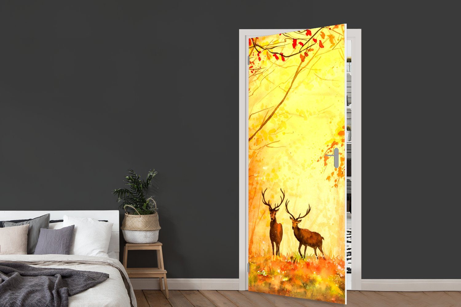 - Tiere - Tür, für Fototapete Herbst Ölfarbe Orange, St), Matt, cm Natur Hirsche Türaufkleber, bedruckt, - 75x205 MuchoWow Türtapete - - (1