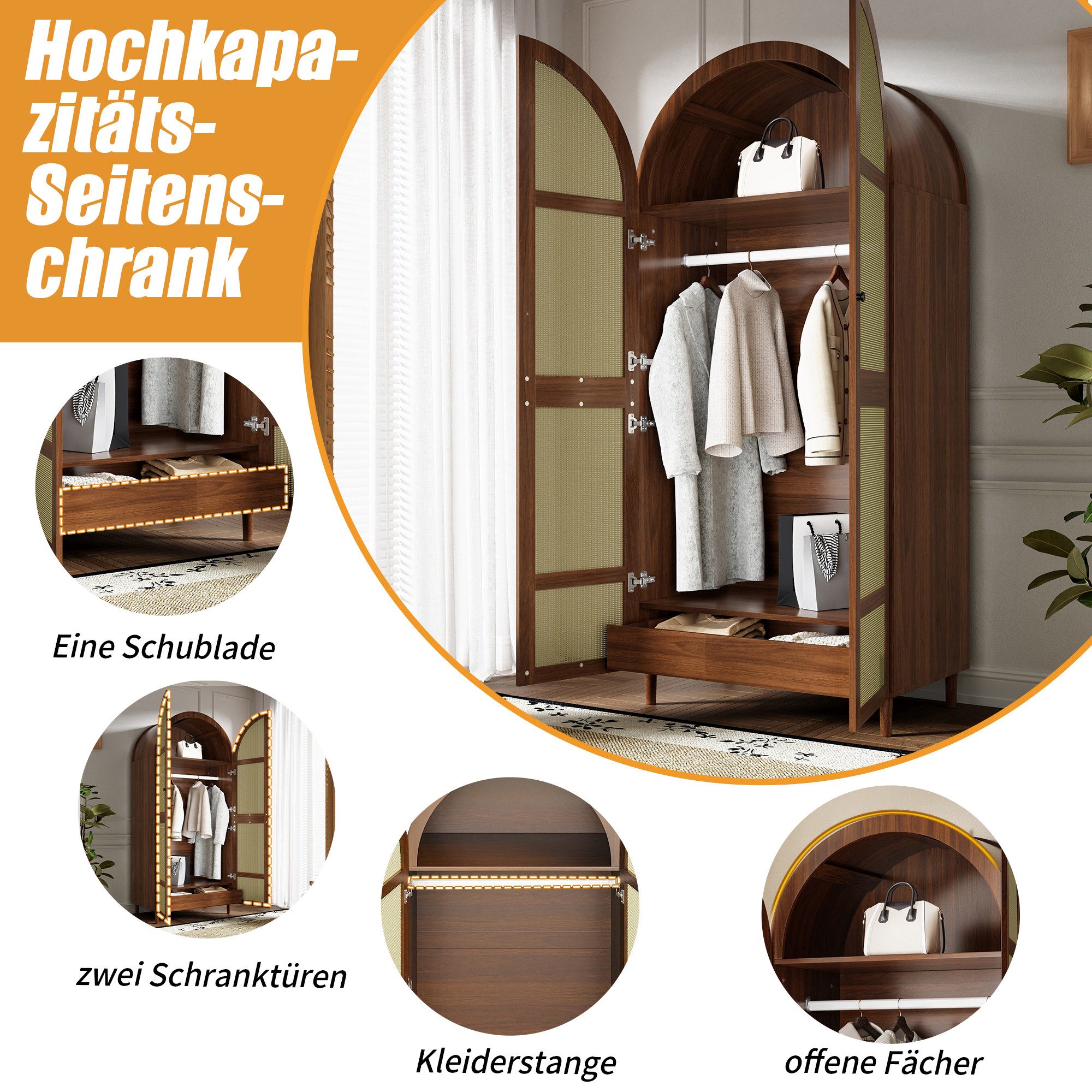 Merax Kleiderschrank mit gebogenen Türen, Rattan-Frontdesign und großem Stauraum (80 L x 50 B x 179 H cm, 1-St) Garderobenschrank Schrank mit Kleiderstange, Abl – Bild 5 von 5