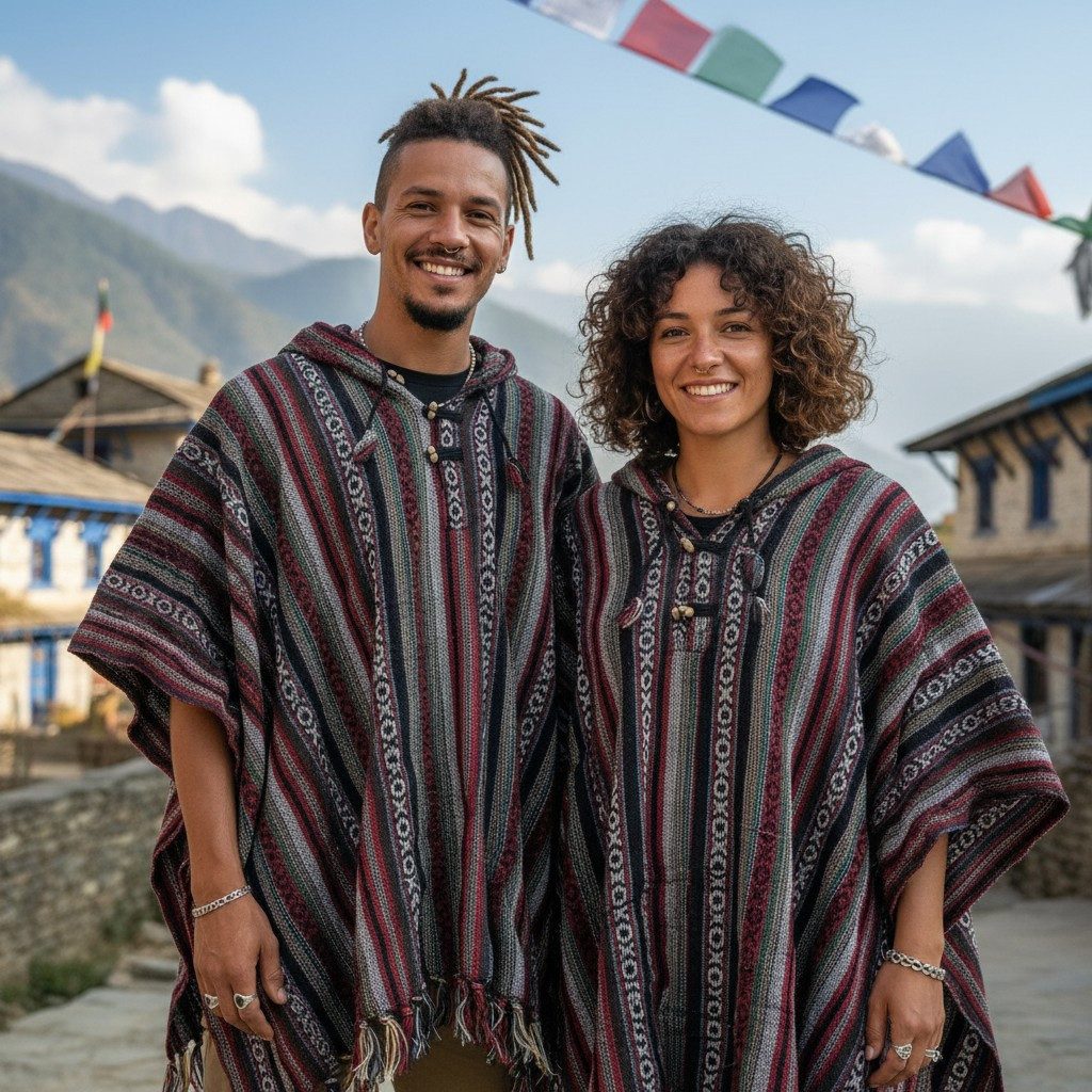 Guru-Shop Strickjacke Unisex Poncho Hippie chic, Ethno Poncho,.. alternative Bekleidung