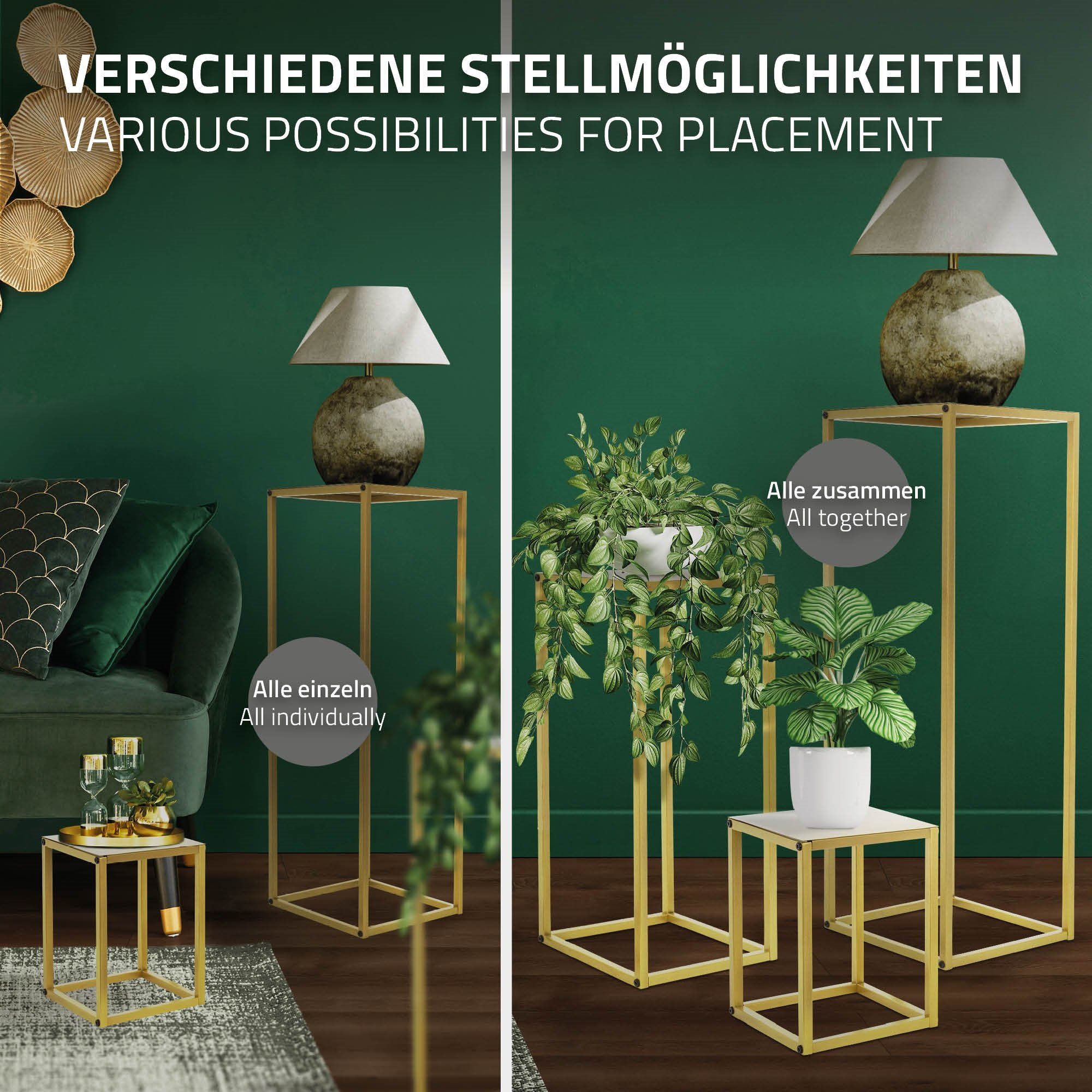 3er Blumensäule Gold Deko Blumenhocker Set 22x22x30/26x26x60/30x30x90cm Säulentisch (3er Blumenständer Set), ML-DESIGN Pflanzenständer Metall