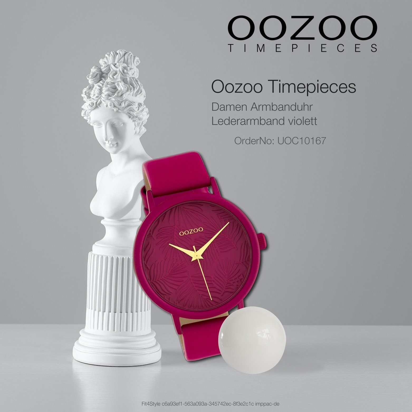 OOZOO Quarzuhr Damenuhr 42mm) Fashion-Style Lederarmband, Armbanduhr groß rund, (ca. Damen Oozoo fuchsia