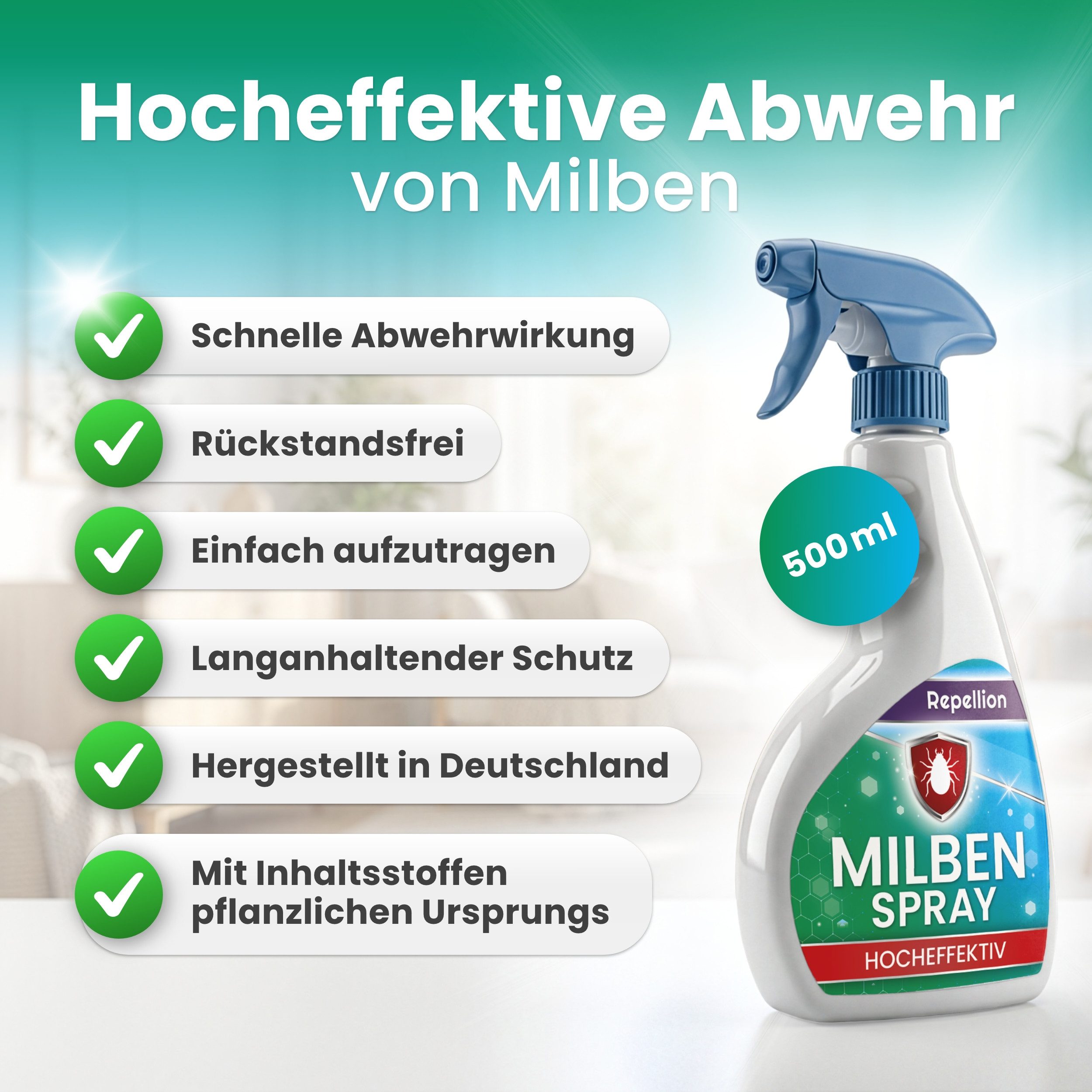 Repellion Milbenspray Anti Milben Spray - Milbenspray zur Umgebungsanwendung, 500 ml, Milbenabwehr für Matratzen, Polster, Teppiche & Wohnräume