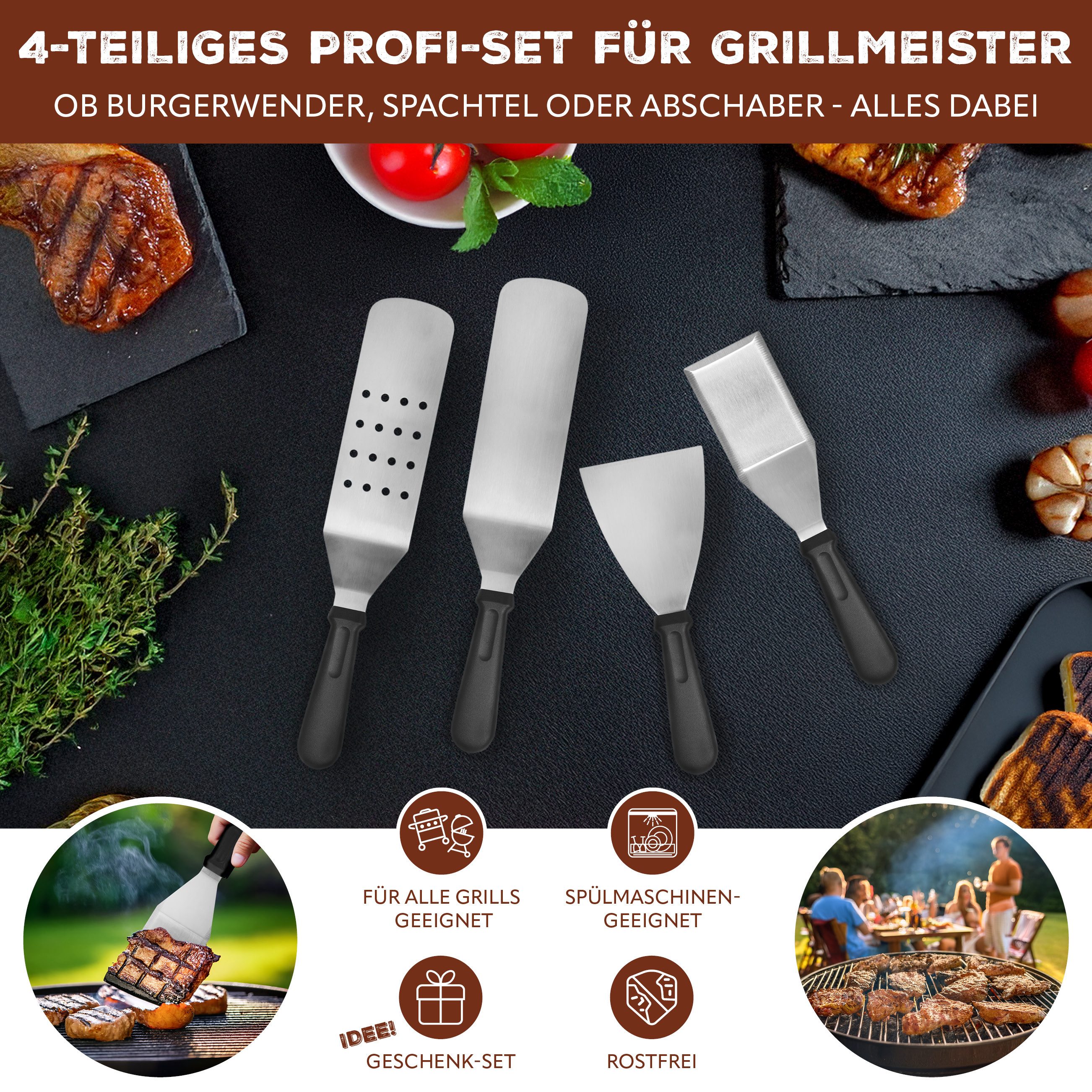 bremermann Grillspachtel Pfannenwender- und Grillspachtel-Set 4-tlg, aus Edelstahl