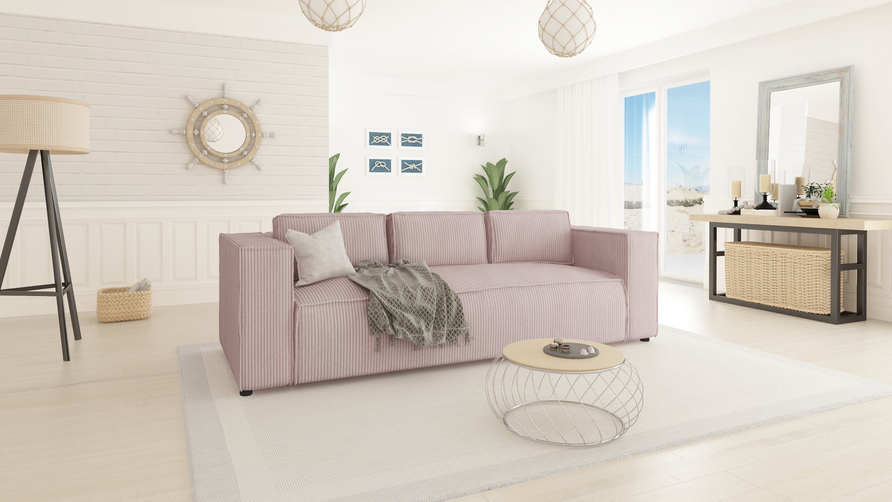 S-Style Möbel 3-Sitzer Cord sofa Renne, 1 Teile, mit Wellenfederung Puderrosa
