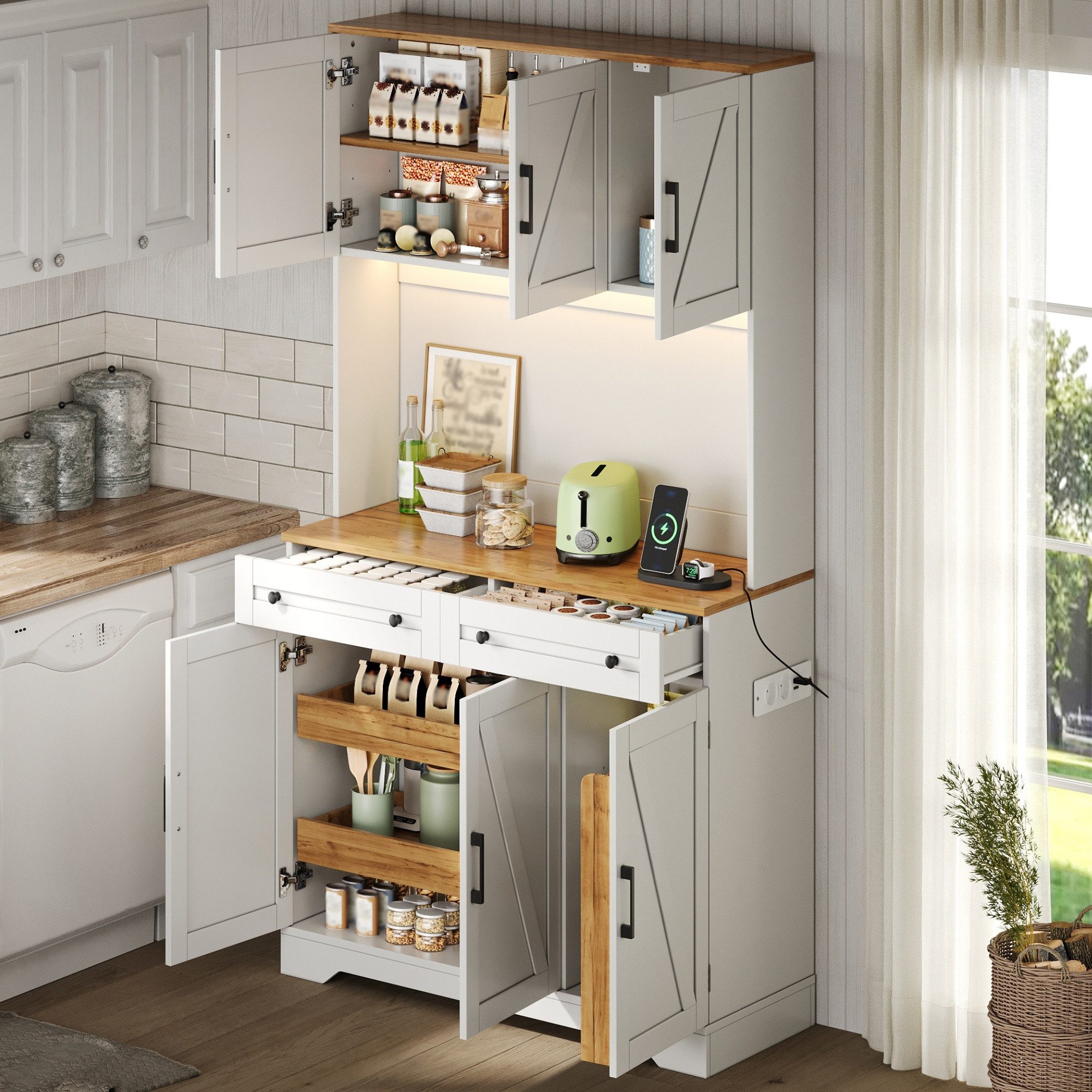 Flieks Küchenbuffet Hochschrank mit LED-Beleuchtung, Steckdosen, versteckter Schubladen (1-St., B100xT40xH180 cm) Küchenschrank mit Arbeitsplatte Holzoptik, ver – Bild 3 von 5