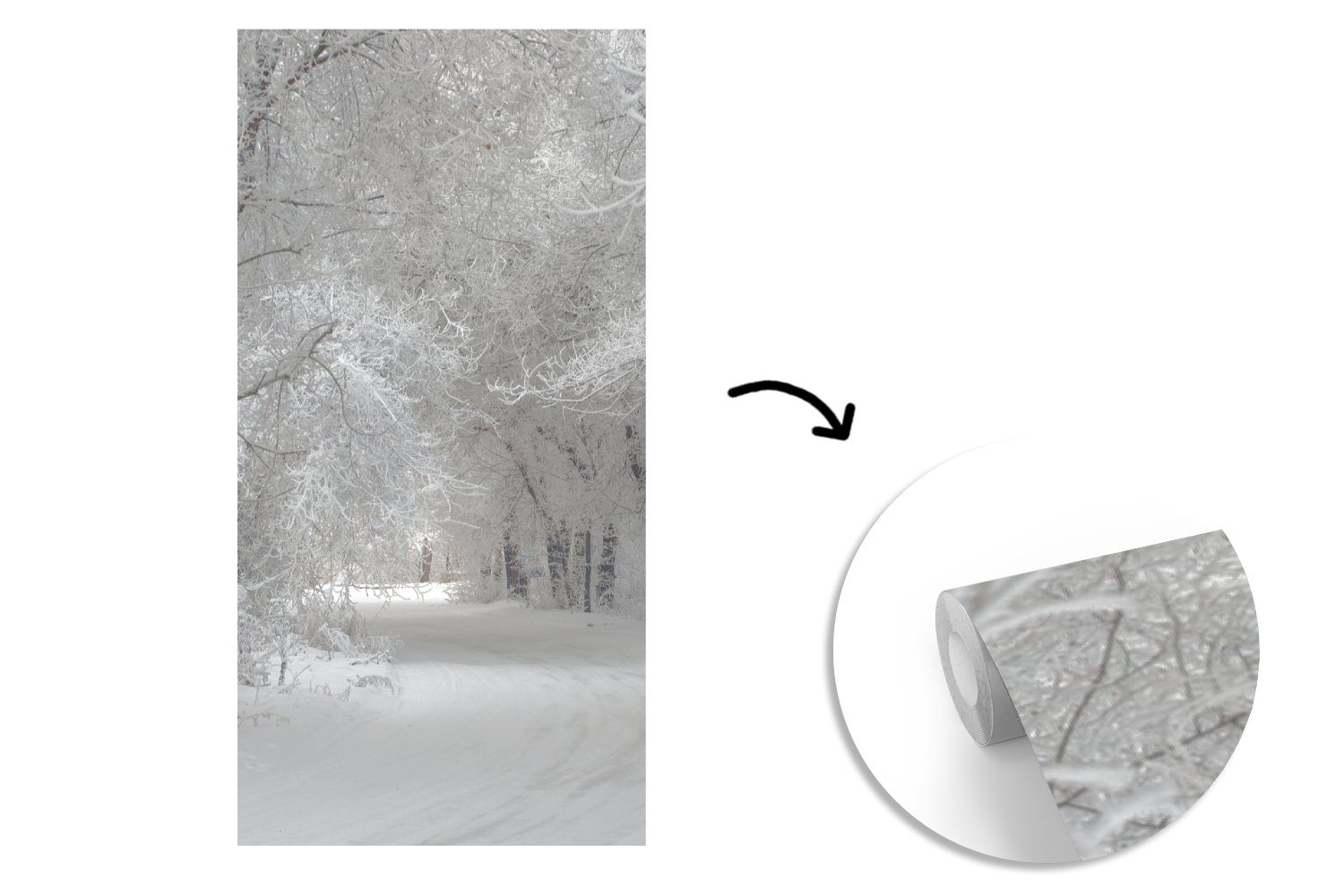 Schnee für Bäume Schlafzimmer Fototapete - (2 Küche, MuchoWow Vliestapete - bedruckt, Wohnzimmer Matt, Winter, Fototapete St),