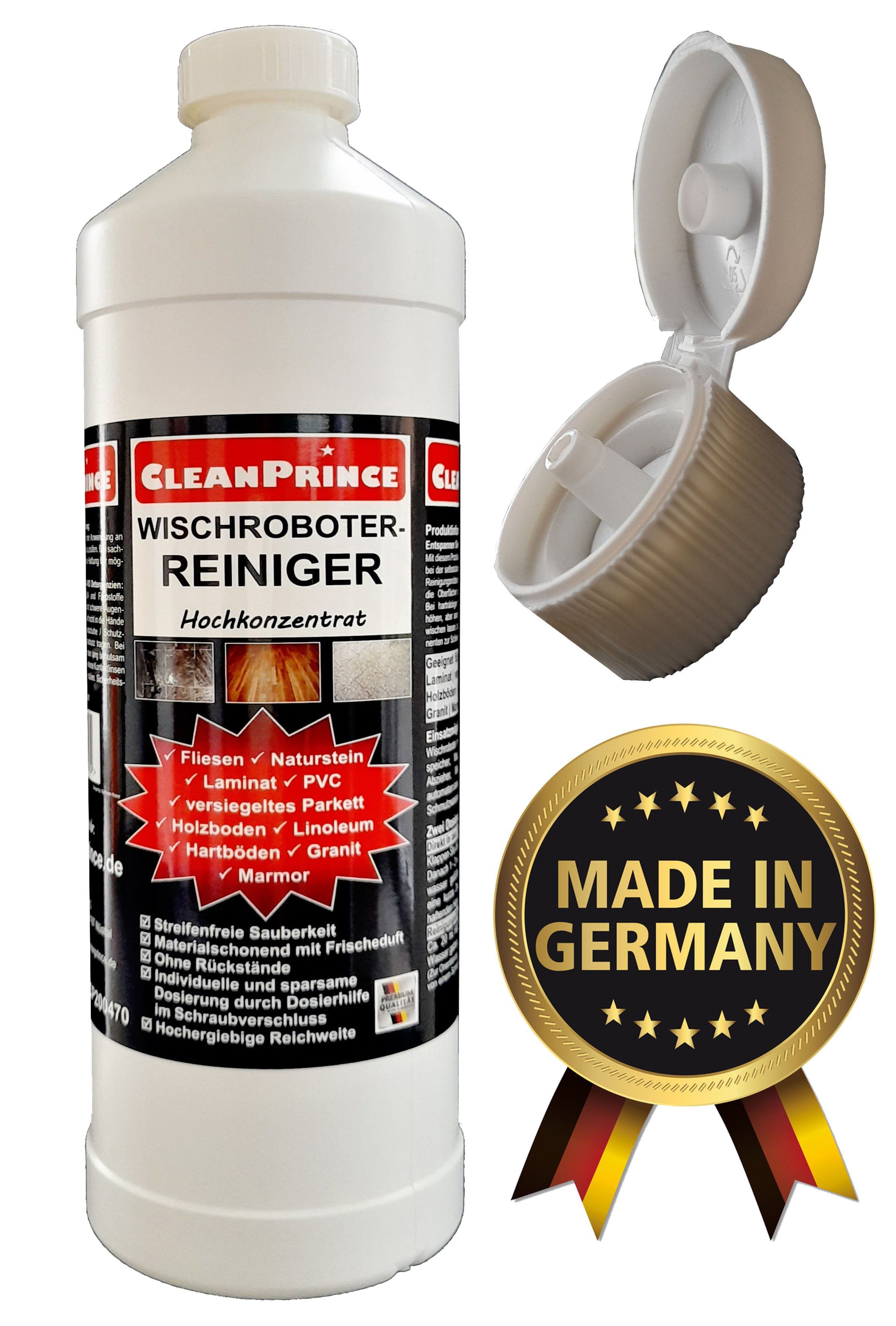 CleanPrince Wischroboter Reinigungsmittel Konzentrat 1 Liter mit Dosierkappe, Wischroboterreiniger flüssig