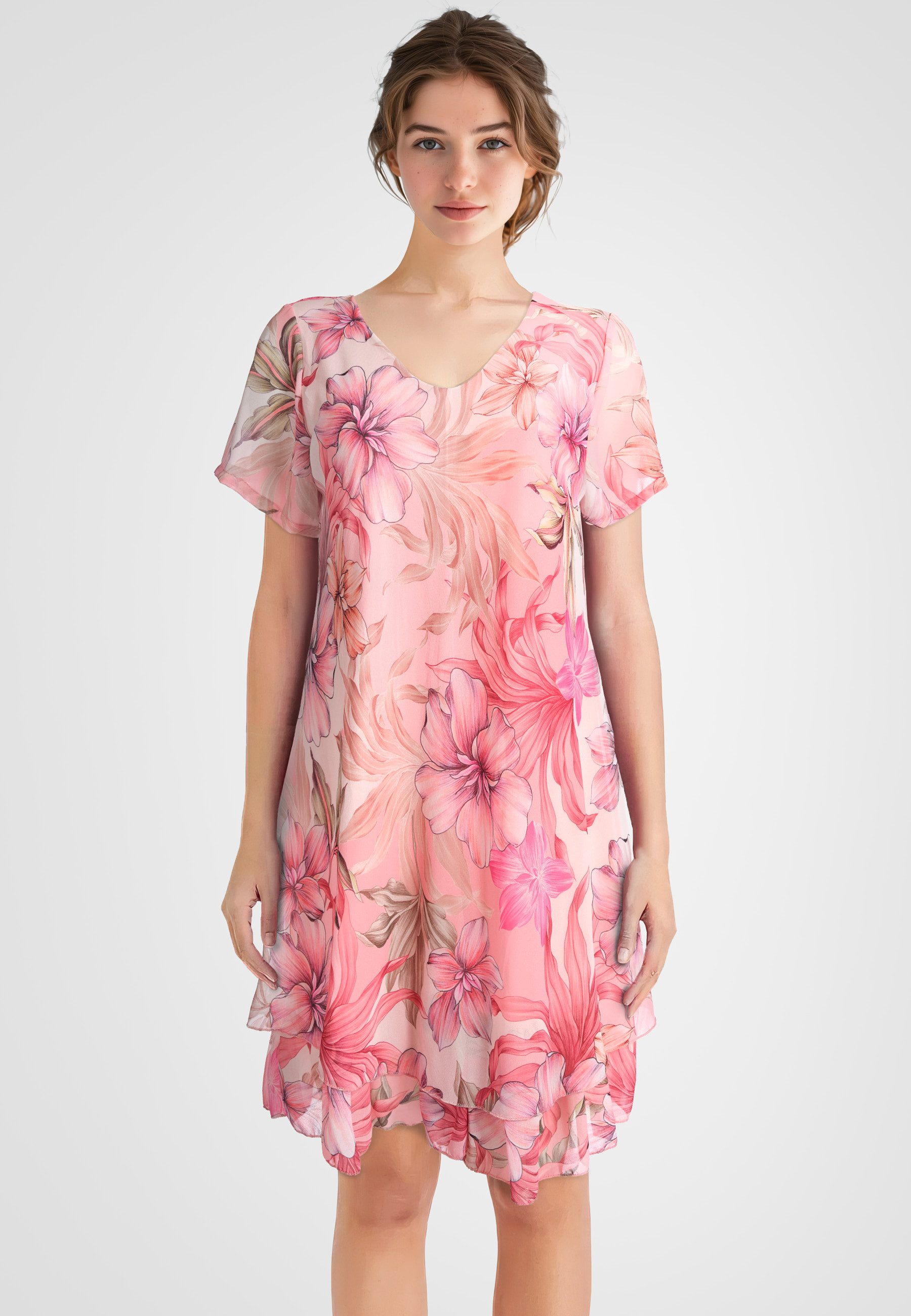 PEKIVESSA Sommerkleid Geblümtes Georgette-Kleid mit Volants günstig online kaufen