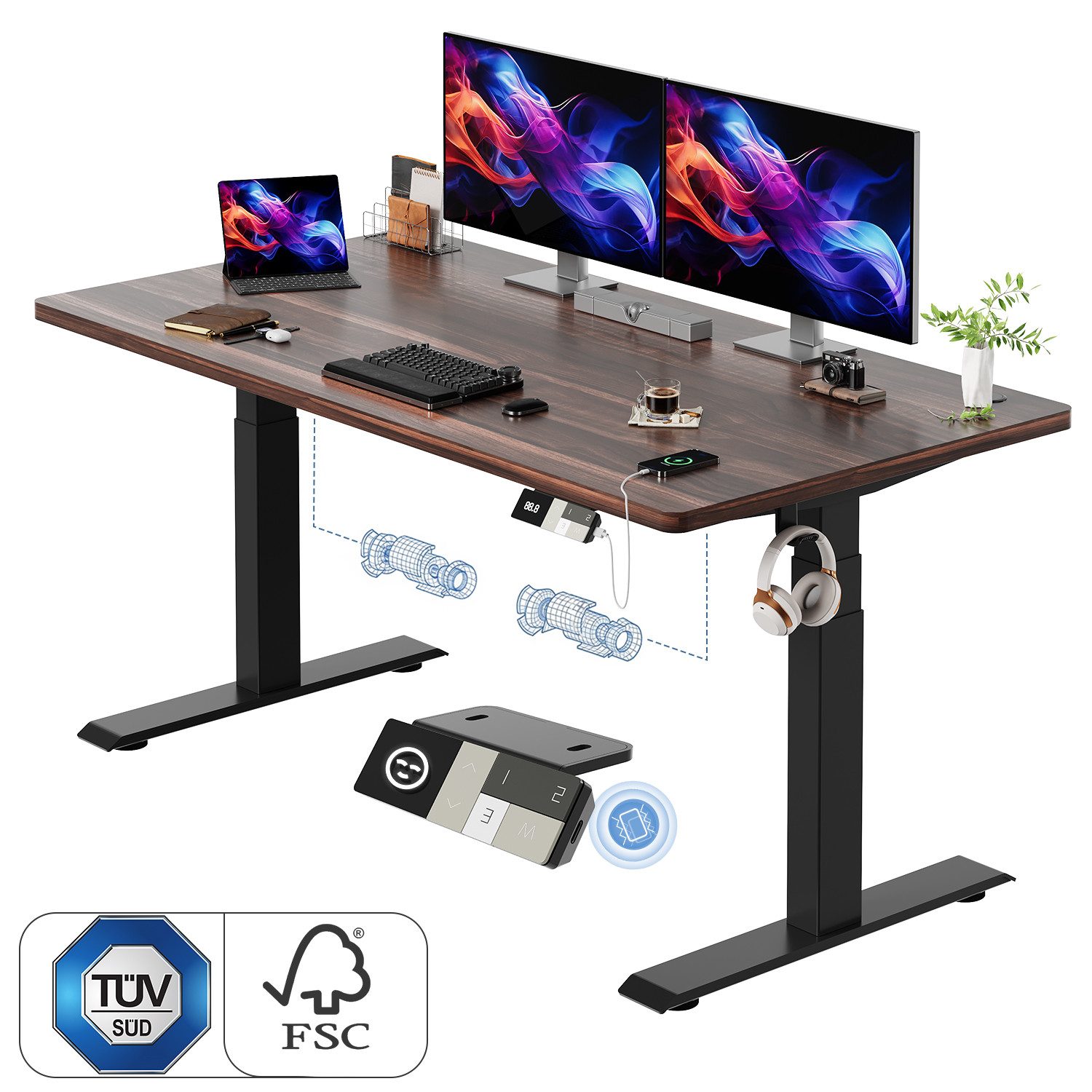 HOMALL Schreibtisch Höhenverstellbarer Elektrisch mit 25mm starker einteiliger Tischplatte (25 mm dicke, nahtlose, monolithische Tischplatten Keine gespleilten Platten Vielseitig und hochwertig Erinnerung bei langerem Stehen)