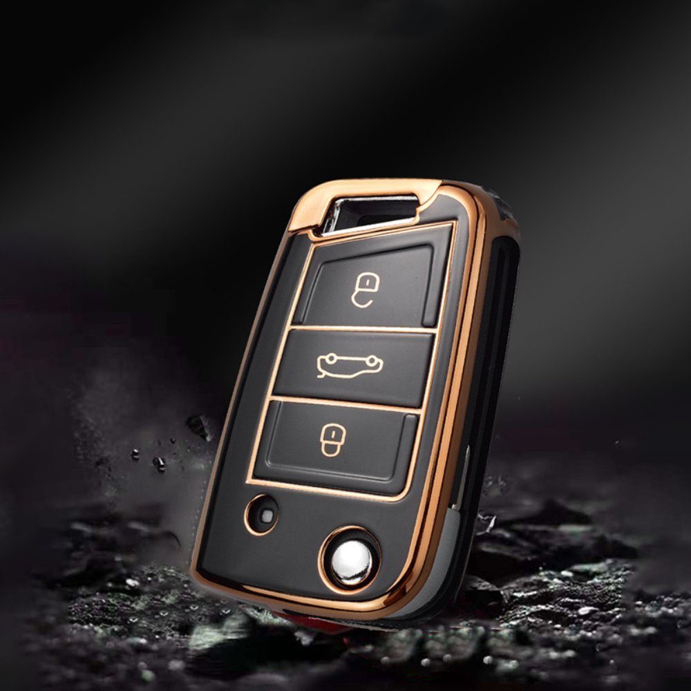 Autoschlüssel Cover Schlüsseltasche für VW Keyscover Hülle Schwarz/Gold VW Schlüsselbox Schlüsselhülle