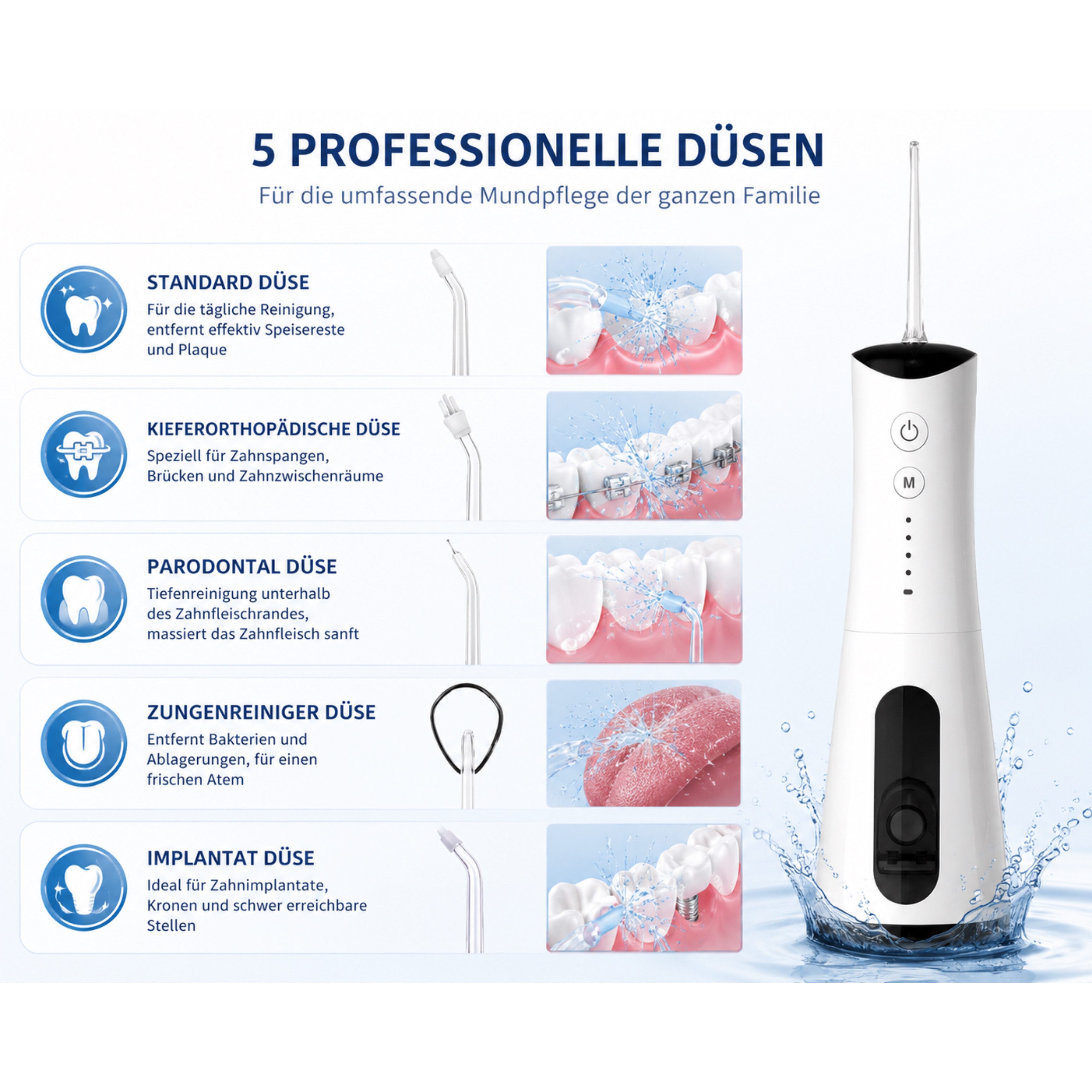Lalano`S Cosmetics Munddusche AquaPulse Pro Kabelloser Premium Water Flosser mit 4 Modi & 5 Düsen, Aufsätze: 5 St., 360° rotierbare Düse für gründliche Mundpflege