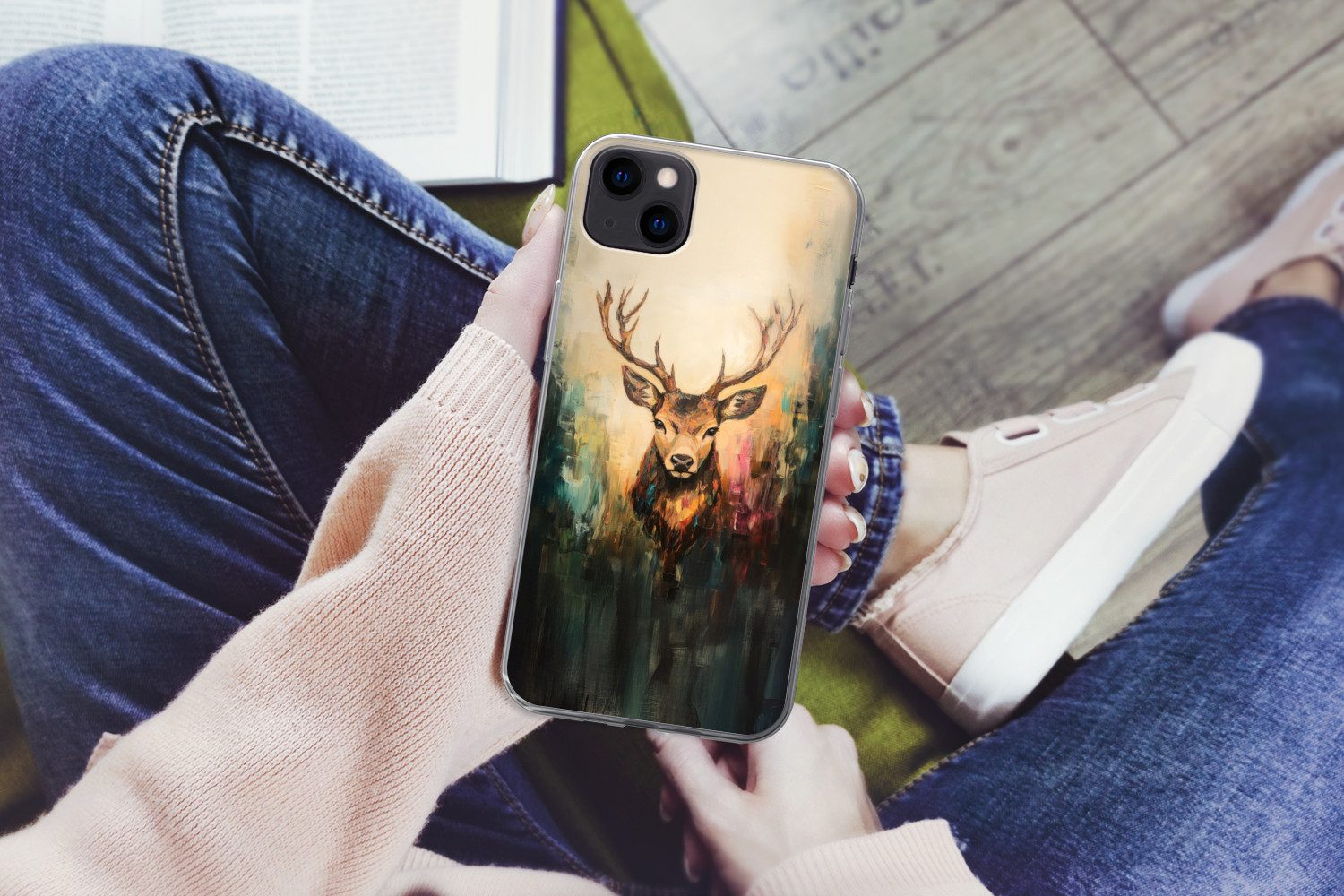 MuchoWow Handyhülle für Apple iPhone 13 mini Hirsch - Gemalt - Geweih - Braun, Smartphone-Bumper, Print, Handy Schutzhülle Dünn