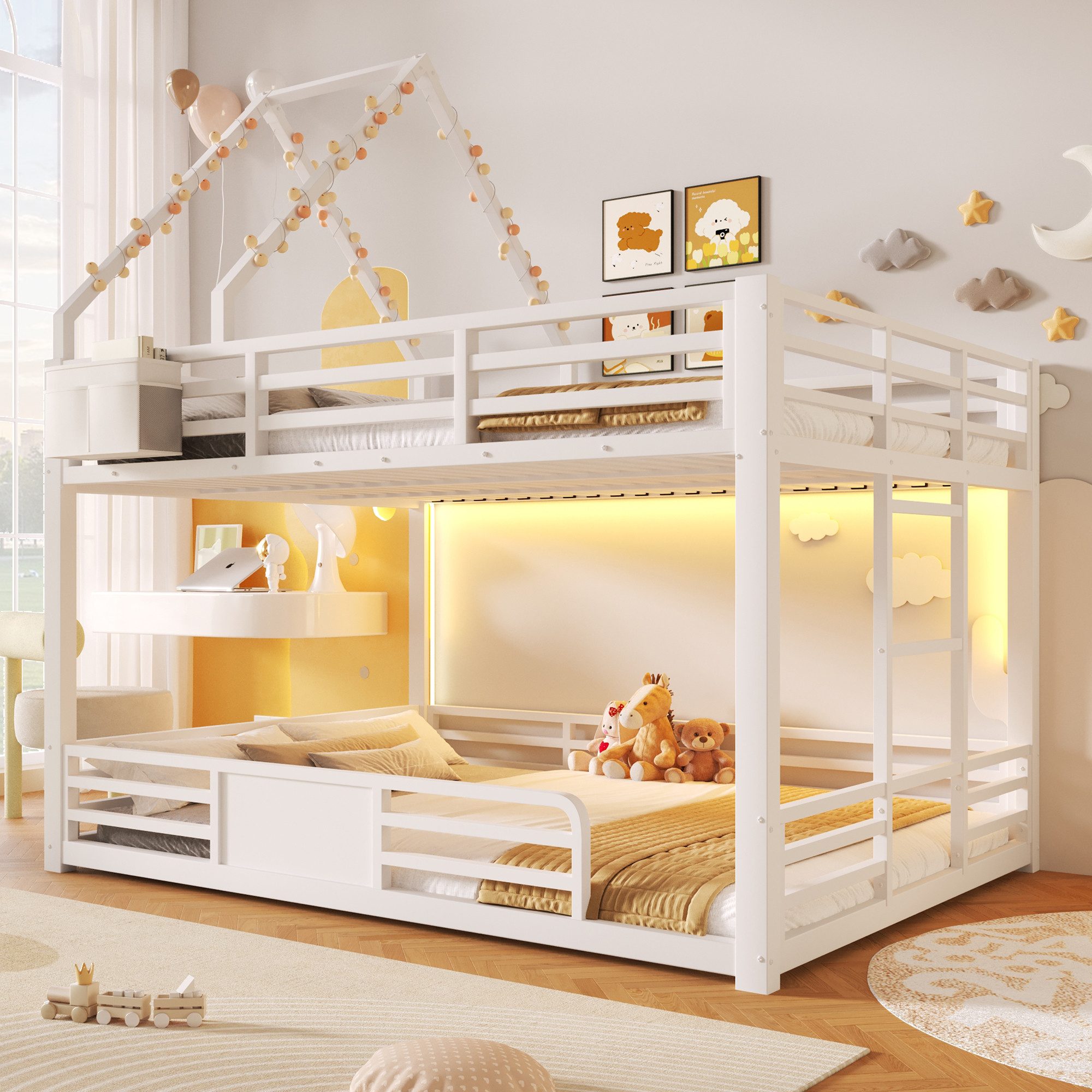 Flieks Etagenbett, Metallbett 140x200cm mit oberem Lattenrost und LED-Beleuchtung