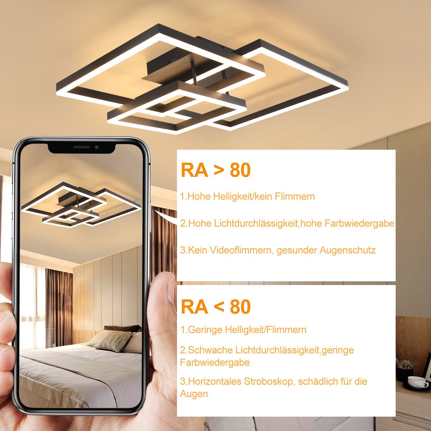 Nettlife LED Deckenleuchte LED Deckenleuchte quadratische Rahmen, Dimmbar mit Fernbedienung, LED fest integriert, Warmweiß, Neutralweiß, Kaltweiß, für Wohnzimme – Bild 5 von 5