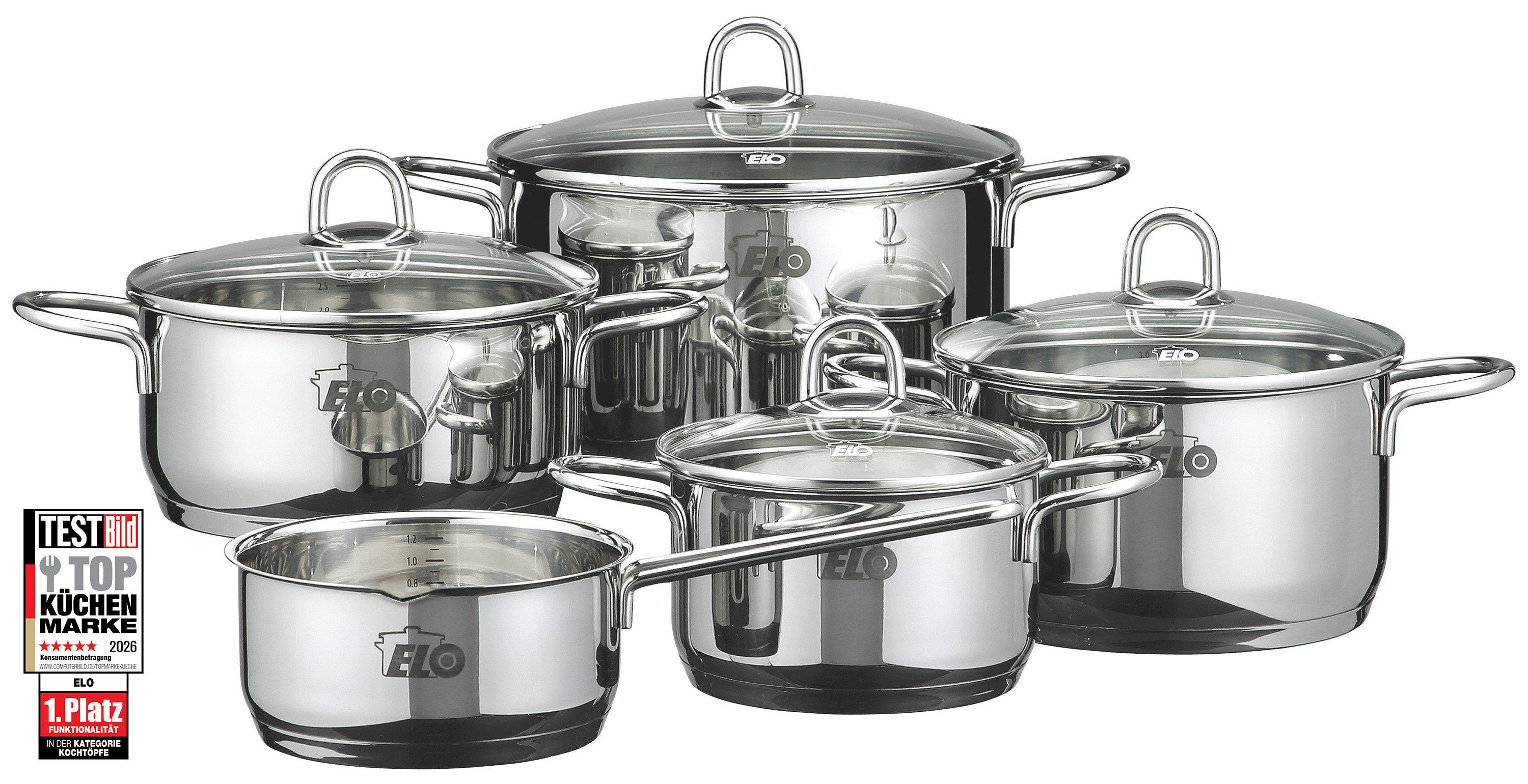 Elo Topf-Set Rubin, Edelstahl 18/10 (Set, 9-tlg., Bratentopf 20cm, Fleischtopf 16/20cm, Kasserolle 16cm, Gemüsetopf24 cm), Induktion