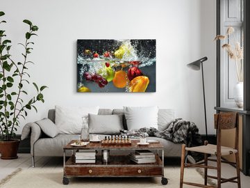 Sinus Art Leinwandbild 120x80cm Wandbild auf Leinwand Obst unter Wasser Orangen Kirschen Küch, (1 St)