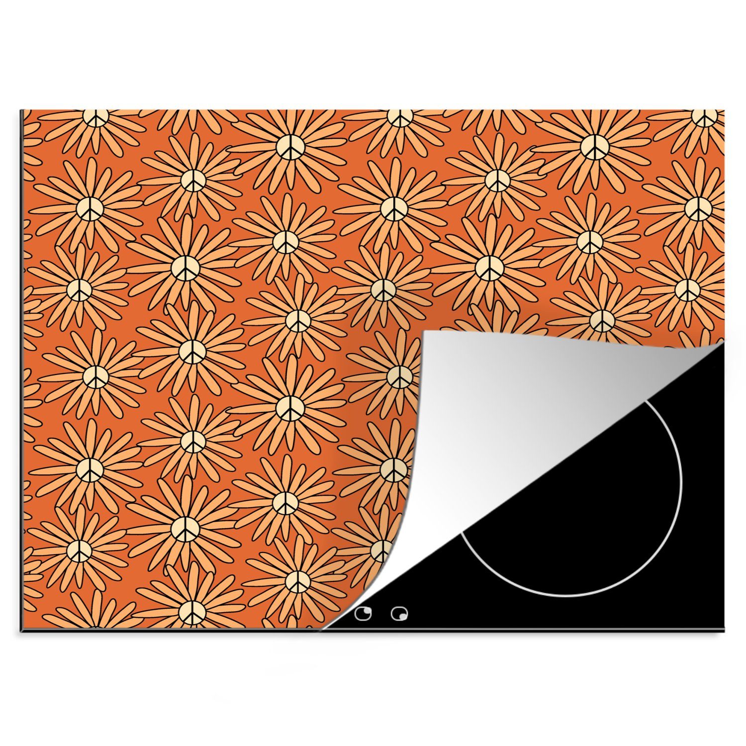 MuchoWow Herdblende-/Abdeckplatte Vintage - Muster - Blumen - Orange, Vinyl, (1 tlg), 60x52 cm, Mobile Arbeitsfläche nutzbar, Ceranfeldabdeckung