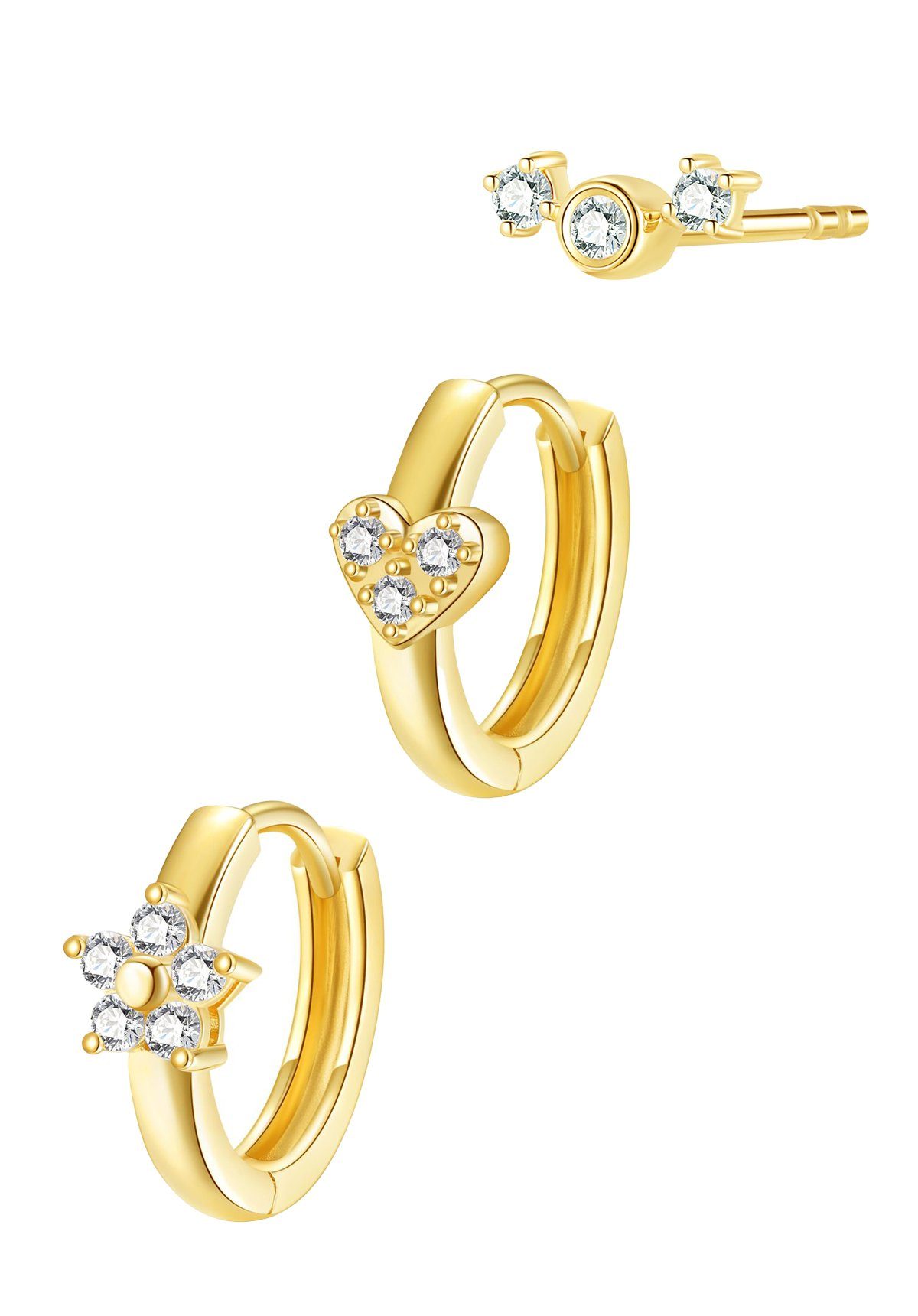 Dear Me Schmuckset Ohrringe aus Gold 375/585 Trio Gold, für Damen, 14K Gold Creolen, 9K Gold Ohrstecker, Echtgold Ohrring Set