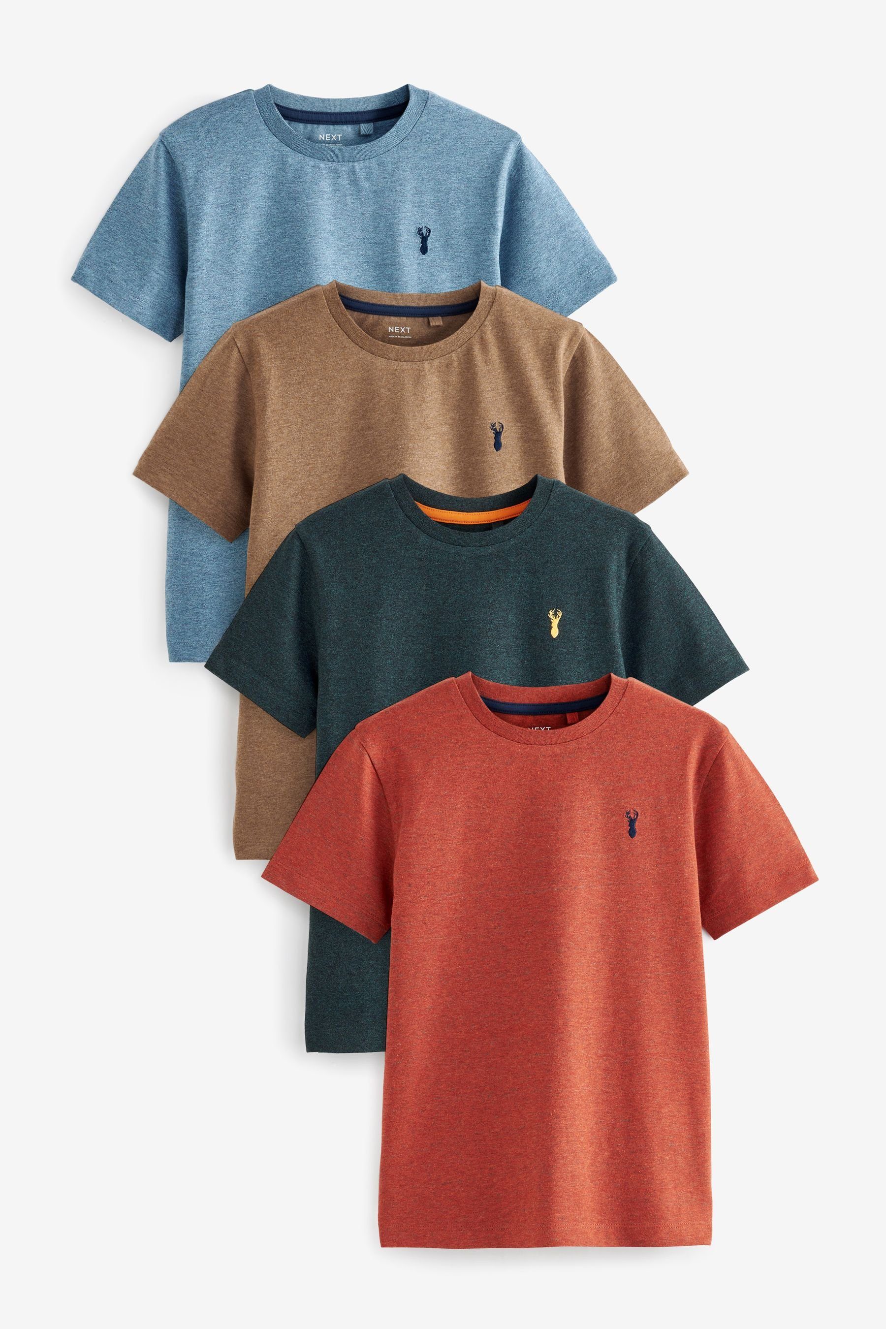 Next T-Shirt 4er-Pack Kurzarm-T-Shirts mit Hirsch-Stickerei (4-tlg) Orange/Green/Blue Textured