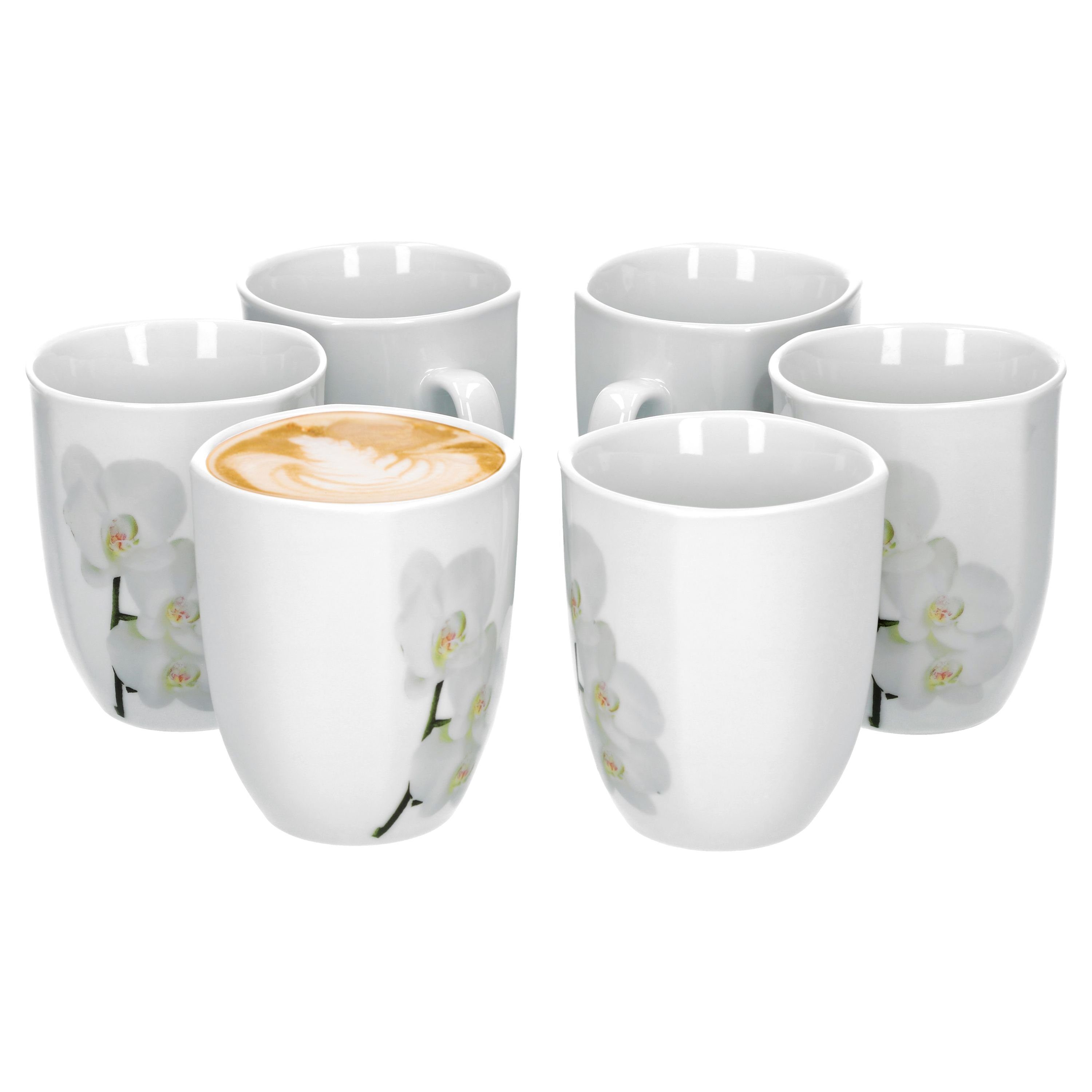 van Well Becher 6er Set Kaffeebecher Vanda weiße Orchidee 33cl, Porzellan