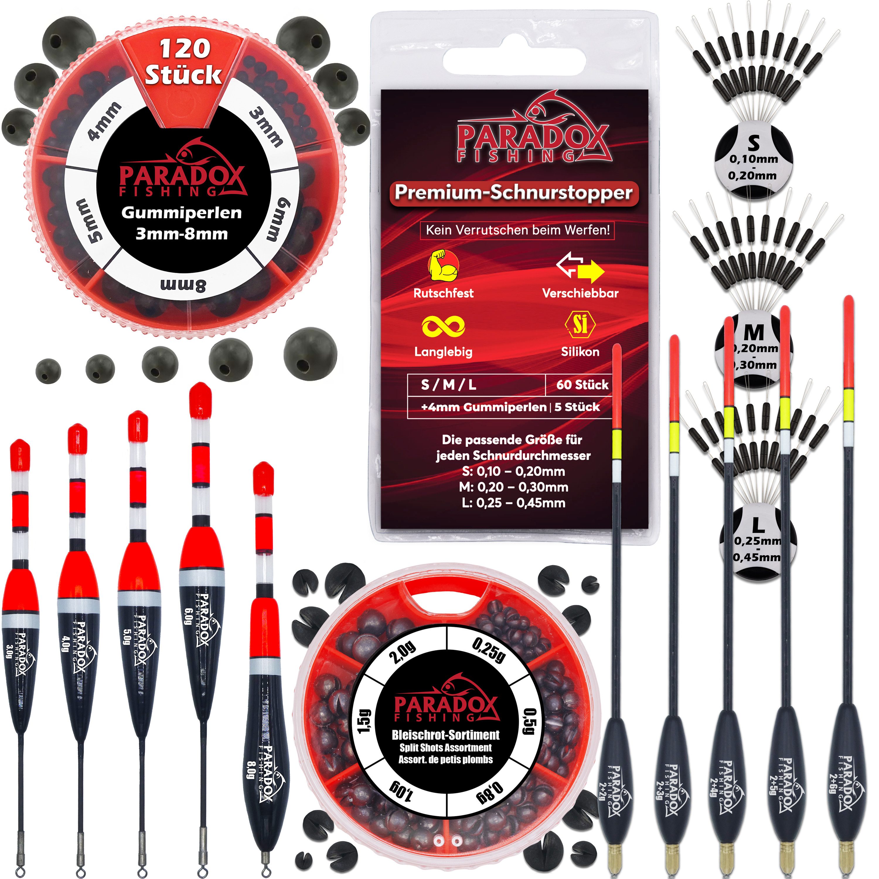 Paradox Fishing Friedfischpose Posen Set mit Gummiperlen und Schrotblei, (5 Waggler 5 Knicklichtposen 120 Gummiperlen 1 Schrotblei Set), Knicklichtposen Waggler