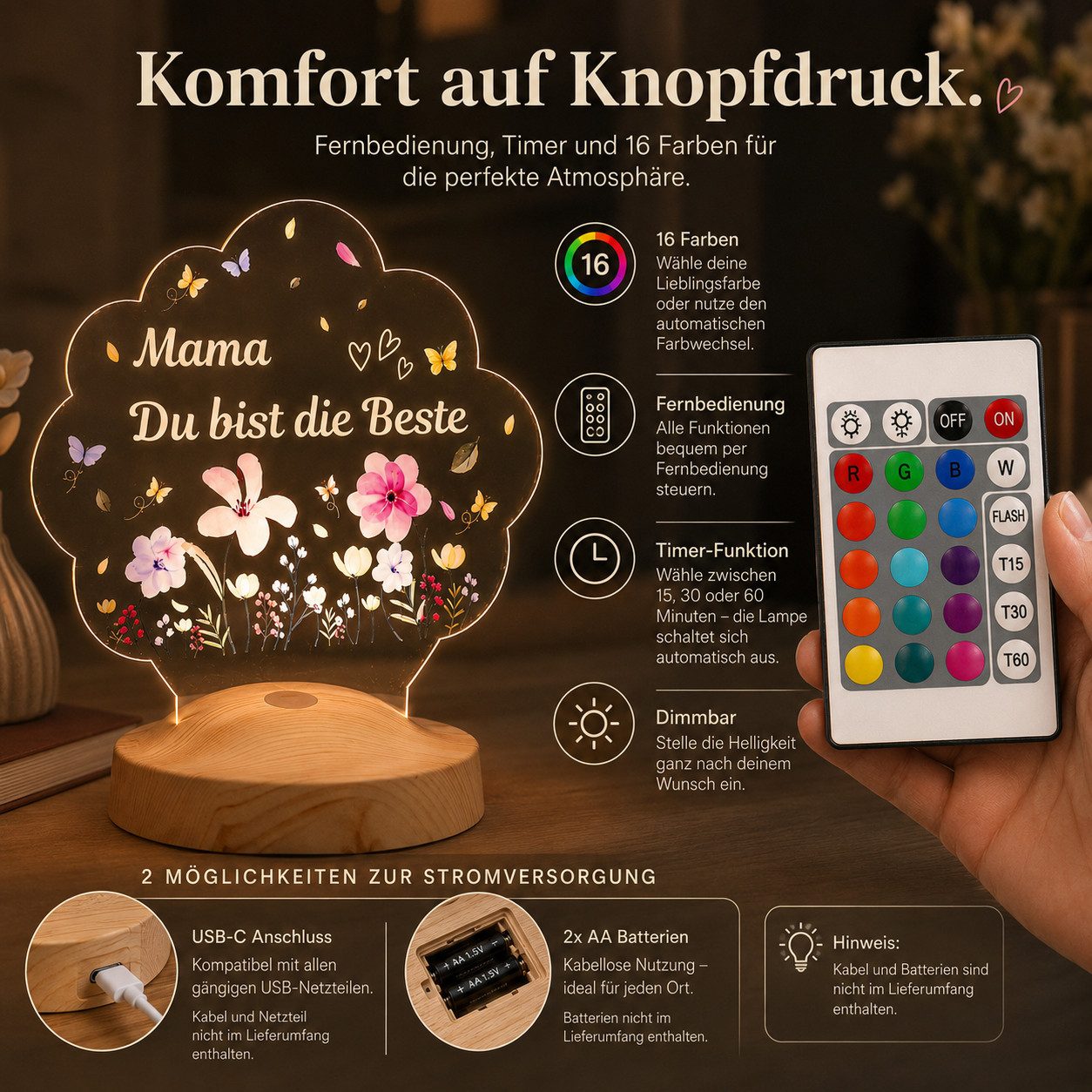 Geschenkelampe LED Nachtlicht LED Nachtlichtlampe Blütenlicht – Mama Du bist die Beste, LED fest integriert, 16 verschiedene Farben, Tageslichtweiß, Muttertag – Bild 5 von 5