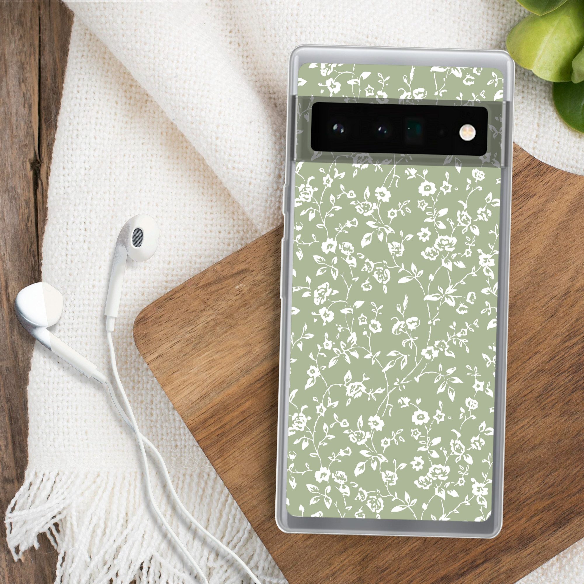 MuchoWow Handyhülle für Google Pixel 6 Pro Blumen - Druck - Grün - Weiß, Handy Case, Silikon, Bumper Case Dünn