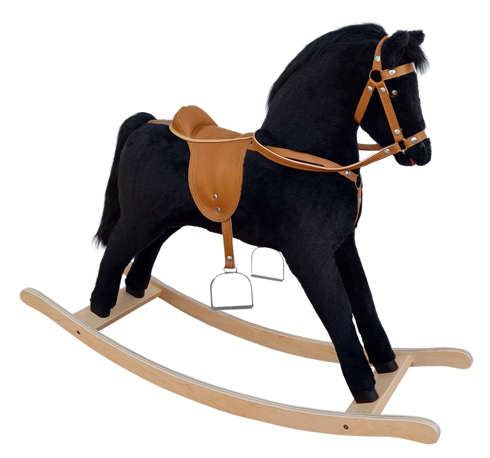 ERST-HOLZ Reitpferd Großes Klassisches Schaukelpferd Holzpferd Plüschpferd – Schwarz, 96-113 - Schaukelpferd schwarz - Zaumzeug - Sattel und Steigbügel