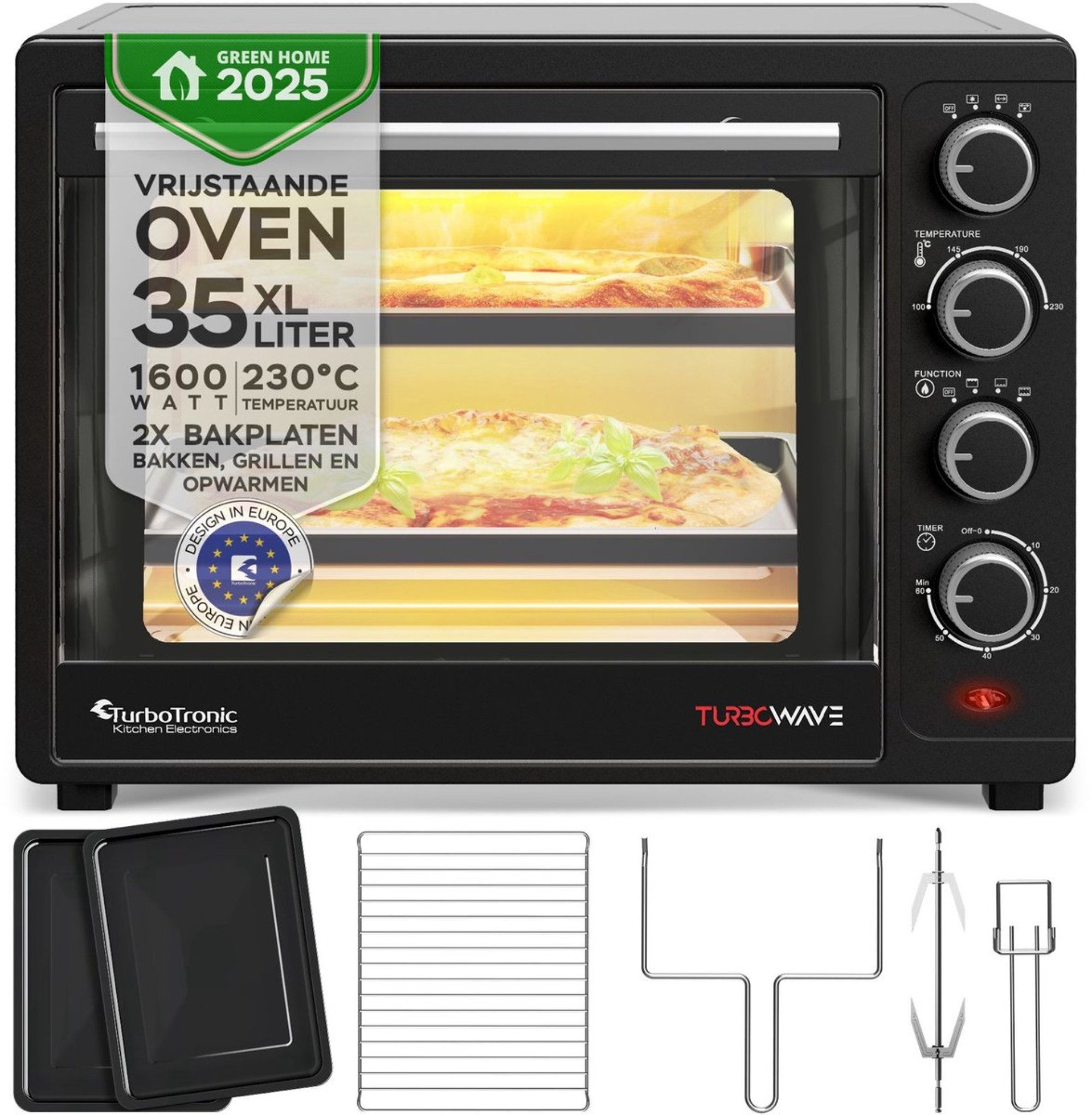 TurboTronic Minibackofen mit Umluft und Drehspieß 35 Liter, Schwarz, inkl. 2x Backblech, Mini-Backofen 1600W