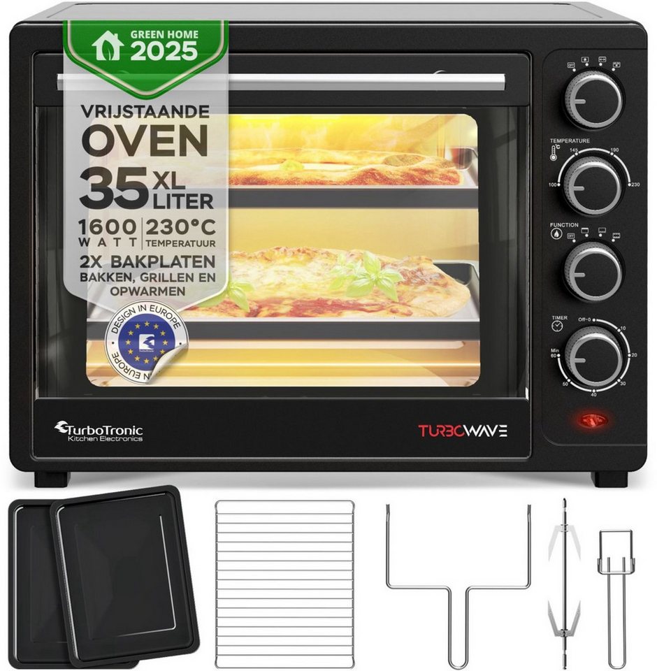 TurboTronic Minibackofen mit Umluft und Drehspieß 35 Liter, Schwarz, inkl. 2x Backbleche 1600W, schnelle Aufheizzeit, von Brötchen über Hähnchen bis Pizza