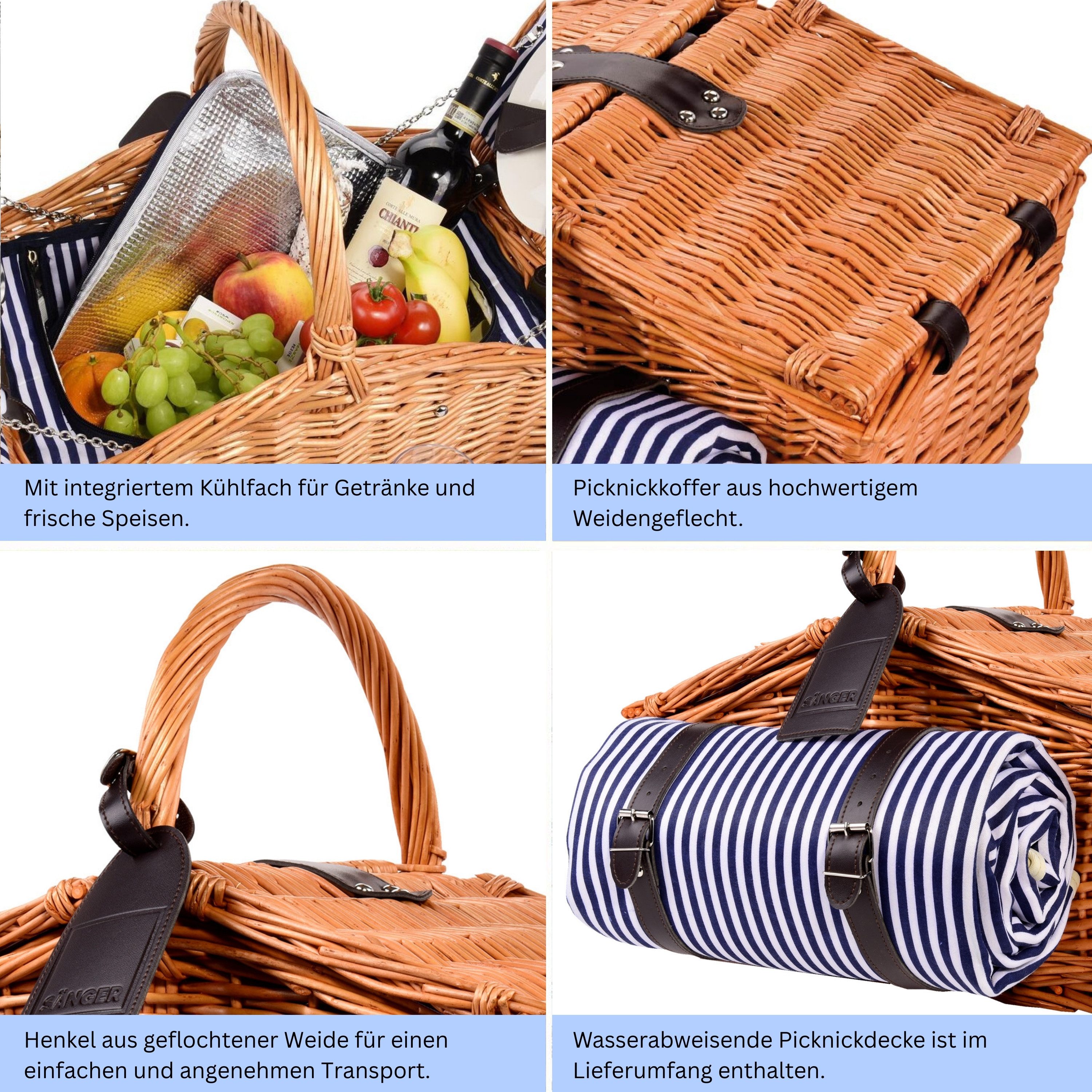 SÄNGER Picknickkorb Sylt (Set, 24 St., Picknickkorb), 4 Personen, Picknickdecke & Geschirr