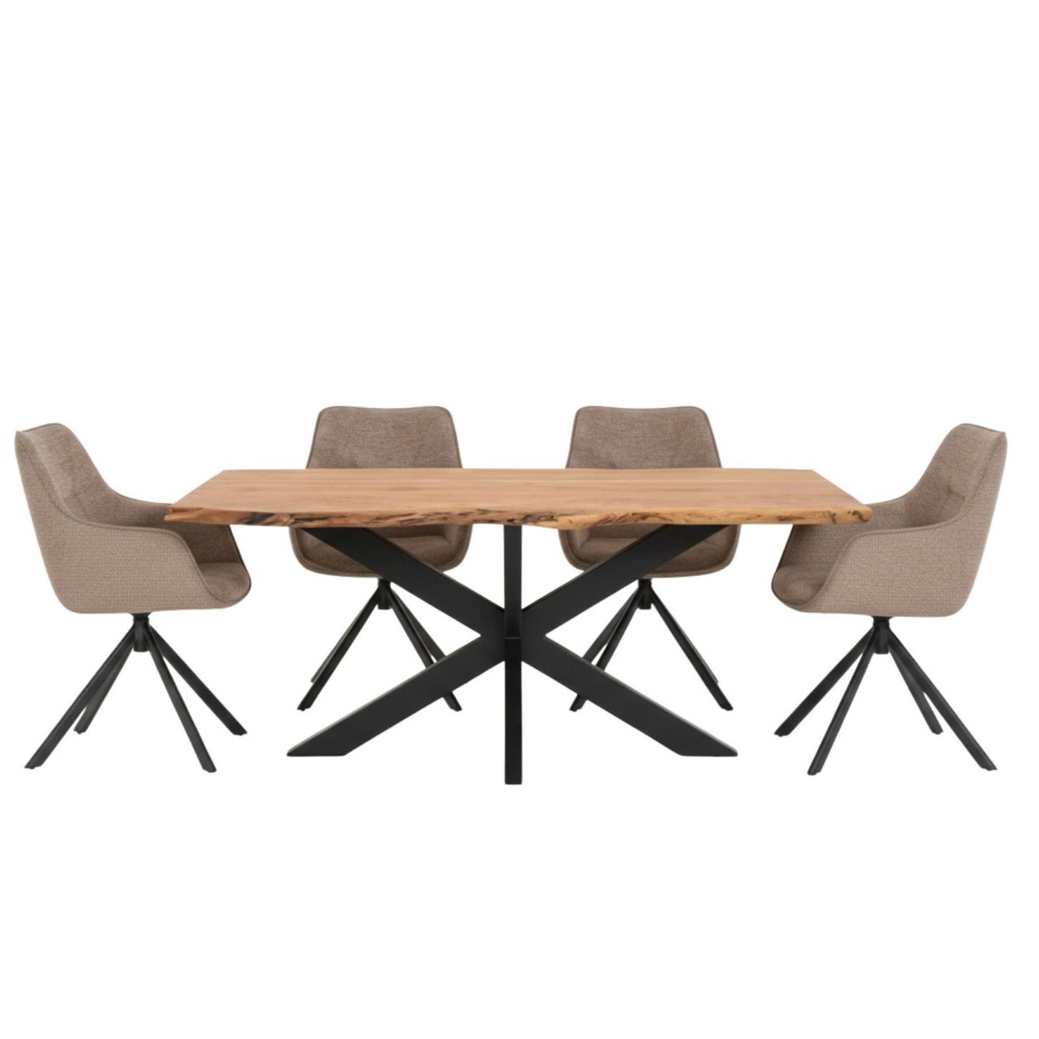 bene living Esszimmer-Set Baumkantentisch Catania und 4er Set Diningsessel San Carlo hellbraun, (Indoor-Möbelset, 5-St), Akazienholz-Tischplatte - drehbare Diningsessel
