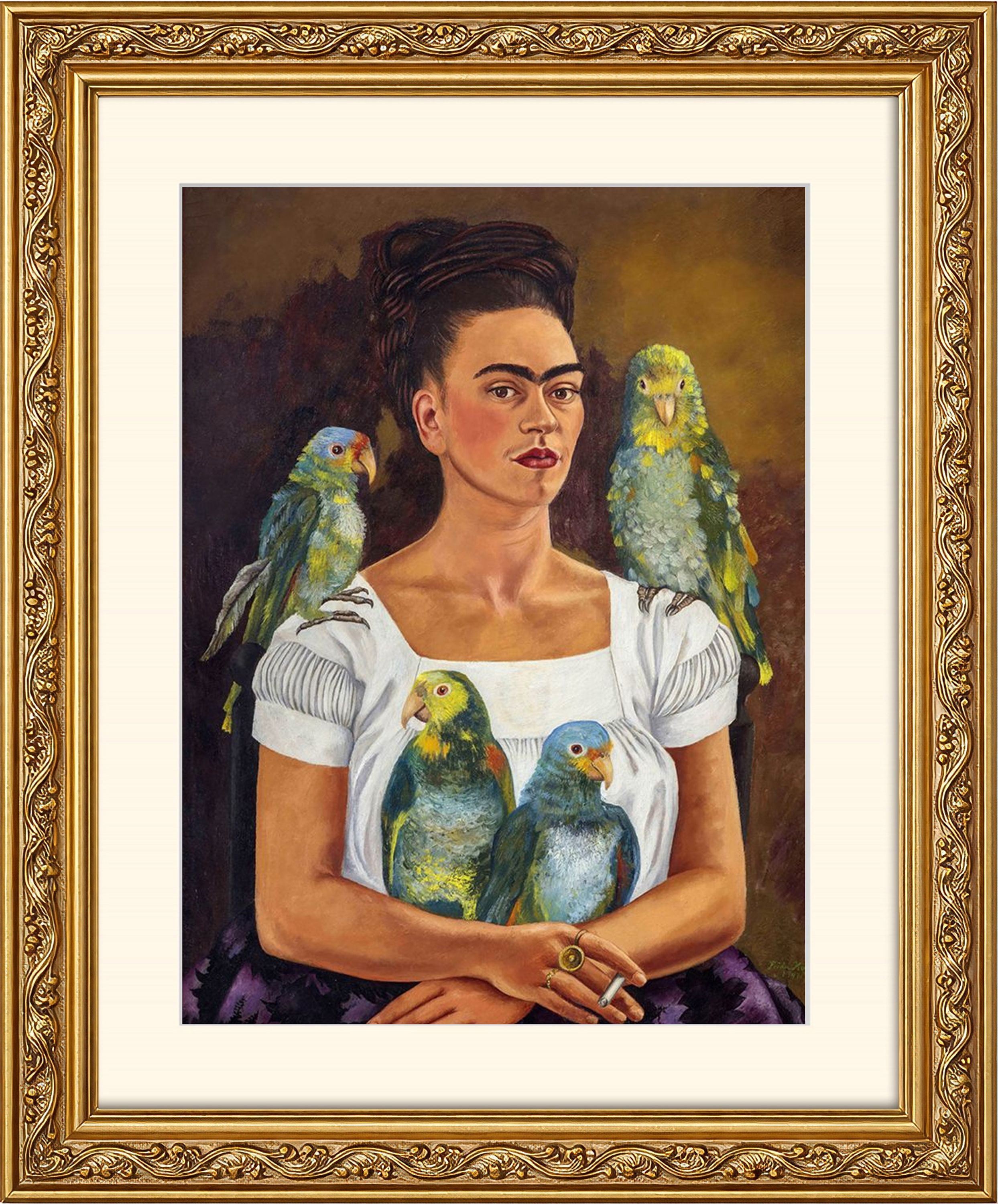 artissimo Bild mit Rahmen Wandbild gerahmt 53x63 cm Kunstdruck mit Passepartout & Barock-Rahmen, Frida Kahlo: Me and My Parrots