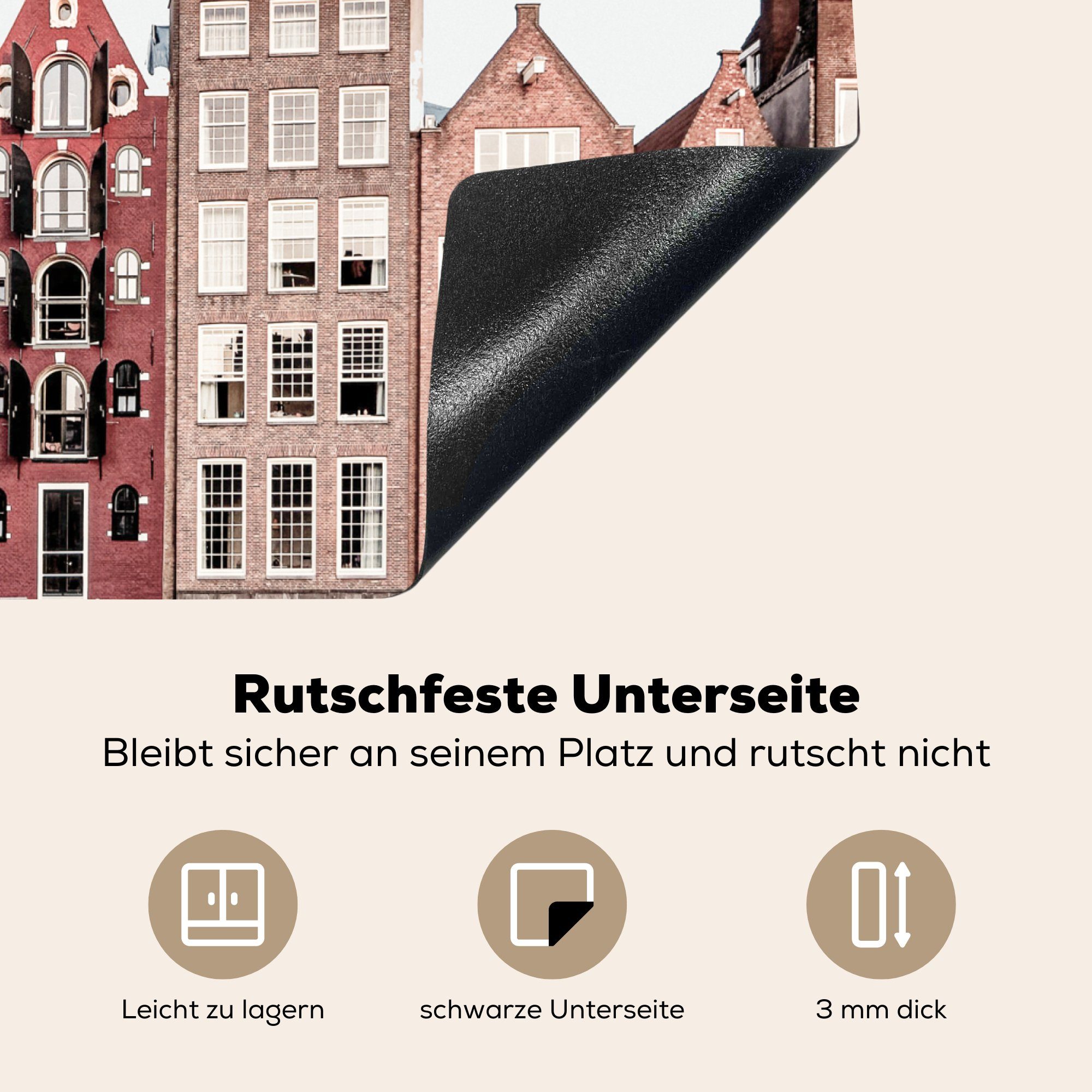 MuchoWow - Häuser nutzbar, tlg), Straße, Vinyl, Herdblende-/Abdeckplatte - (1 Mobile cm, Arbeitsfläche Ceranfeldabdeckung 60x52 - Amsterdam Architektur