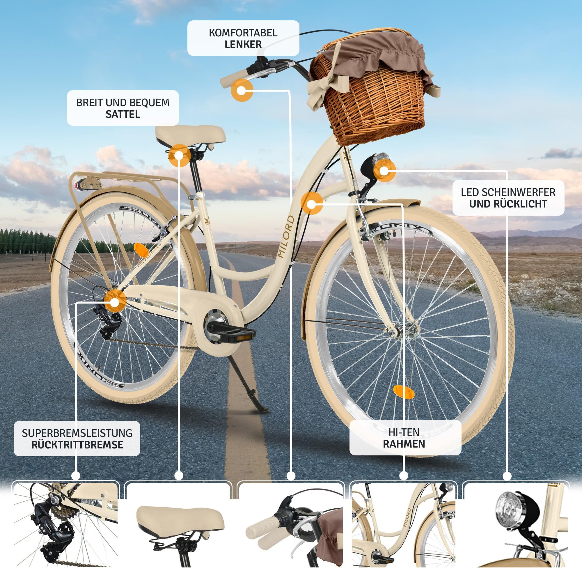 Milord Cityrad Milord City Fahrrad Weidenkorb Damen, 28/26 Zoll, Creme-Braun, 7-Gang, 7 Gang, (Fahrradständer, Gepäckträger, Klingel, Korb, Kotflügel)