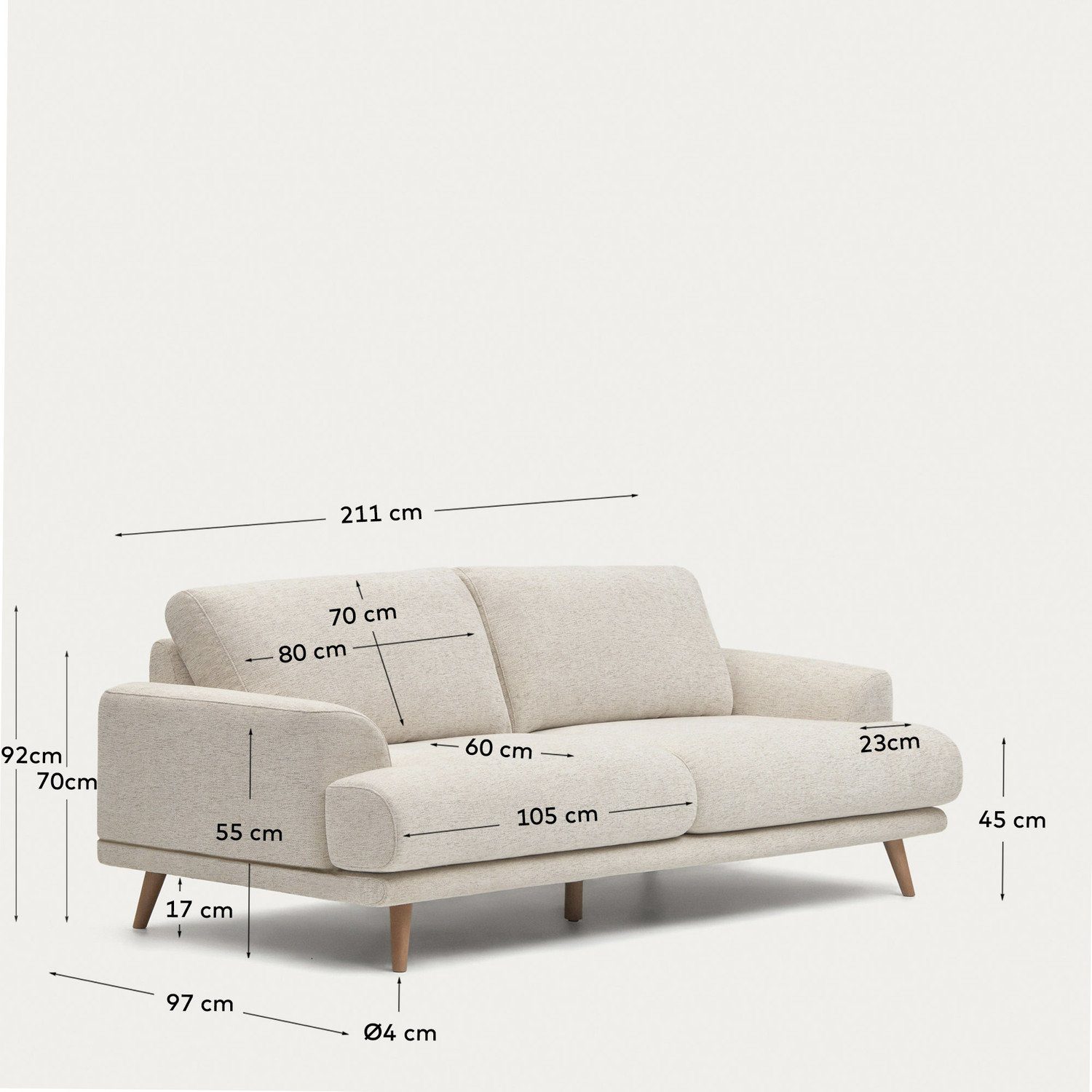 Couch 92 Karin x cm 2-Sitzer-Sofa Natur24 97 weiß Neu Neu Sitzgarnitur 211 x Sofa