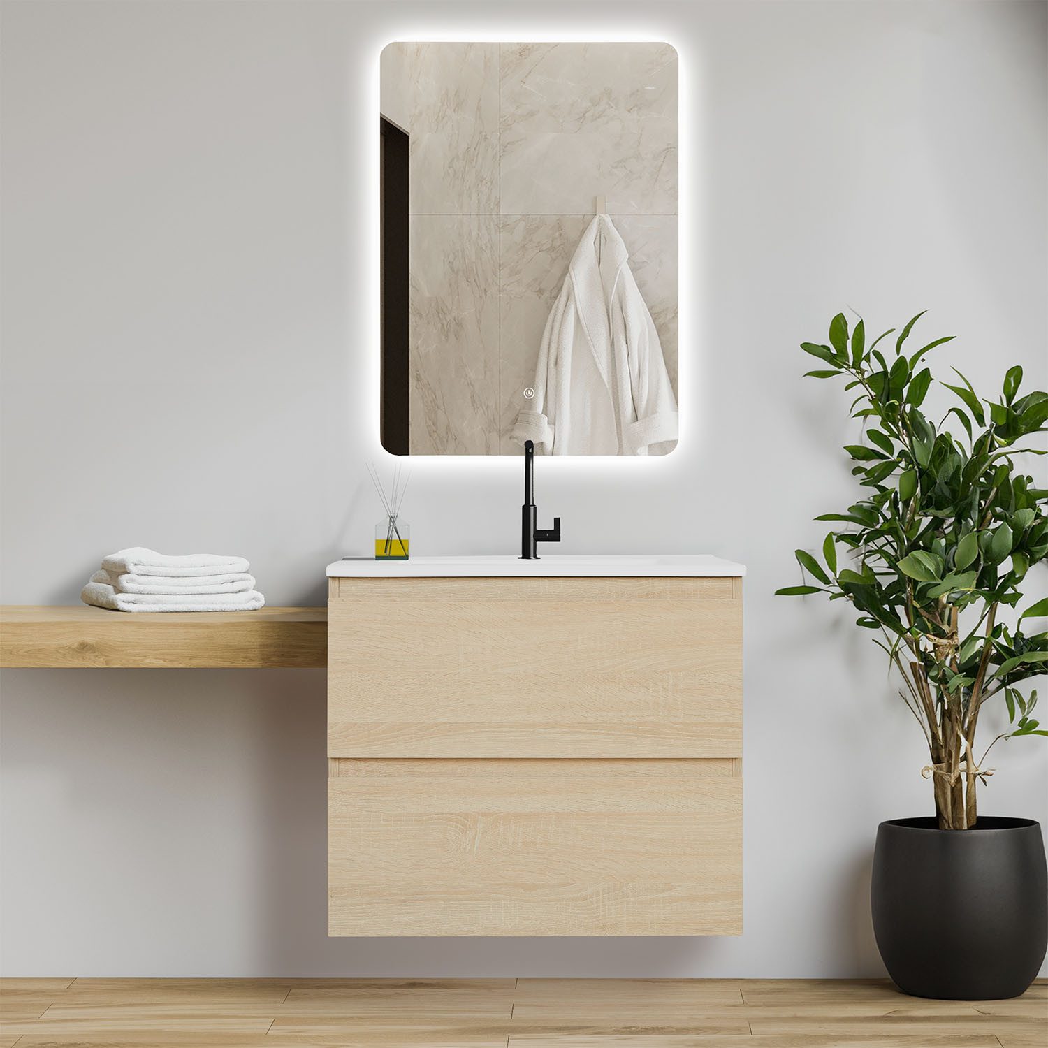 Thumbnail - Homestyle4u Waschtisch 60/80/120 x 47 cm mit Waschbecken Weiß Unterschrank Holz Eiche Braun (Set, 3-teilig, 3-St), mit L...