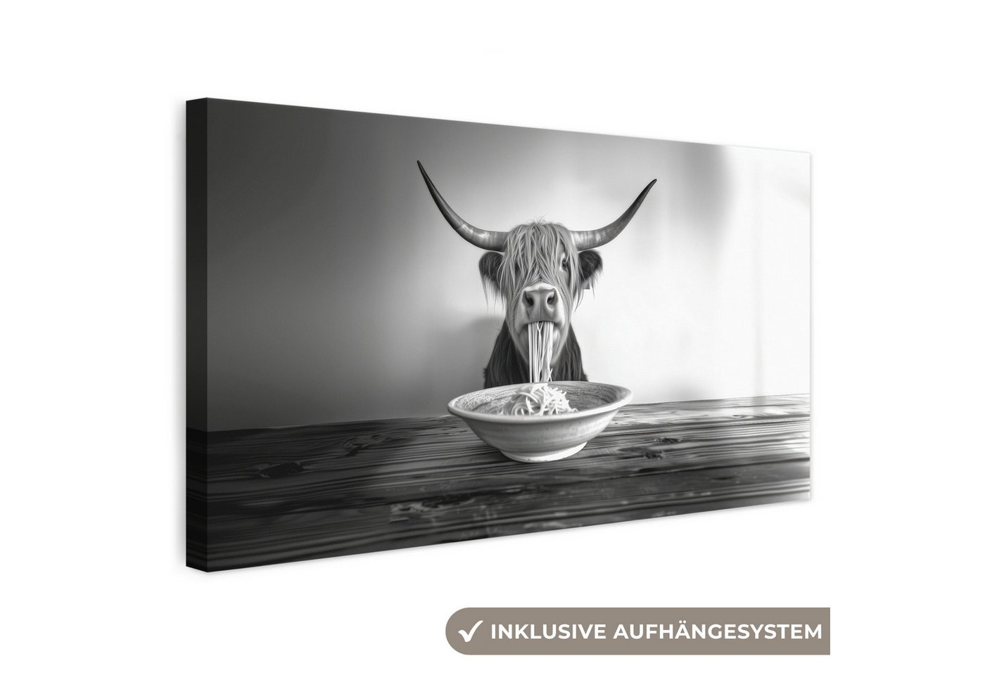 OneMillionCanvasses® Leinwandbild Panorama Schottischer Highlander - Spaghetti - Tiere - Schwarz und wei, Fotodruck (1 St), Leinwand Bilder für Wohnzimmer Schlafzimmer 60x30 cm