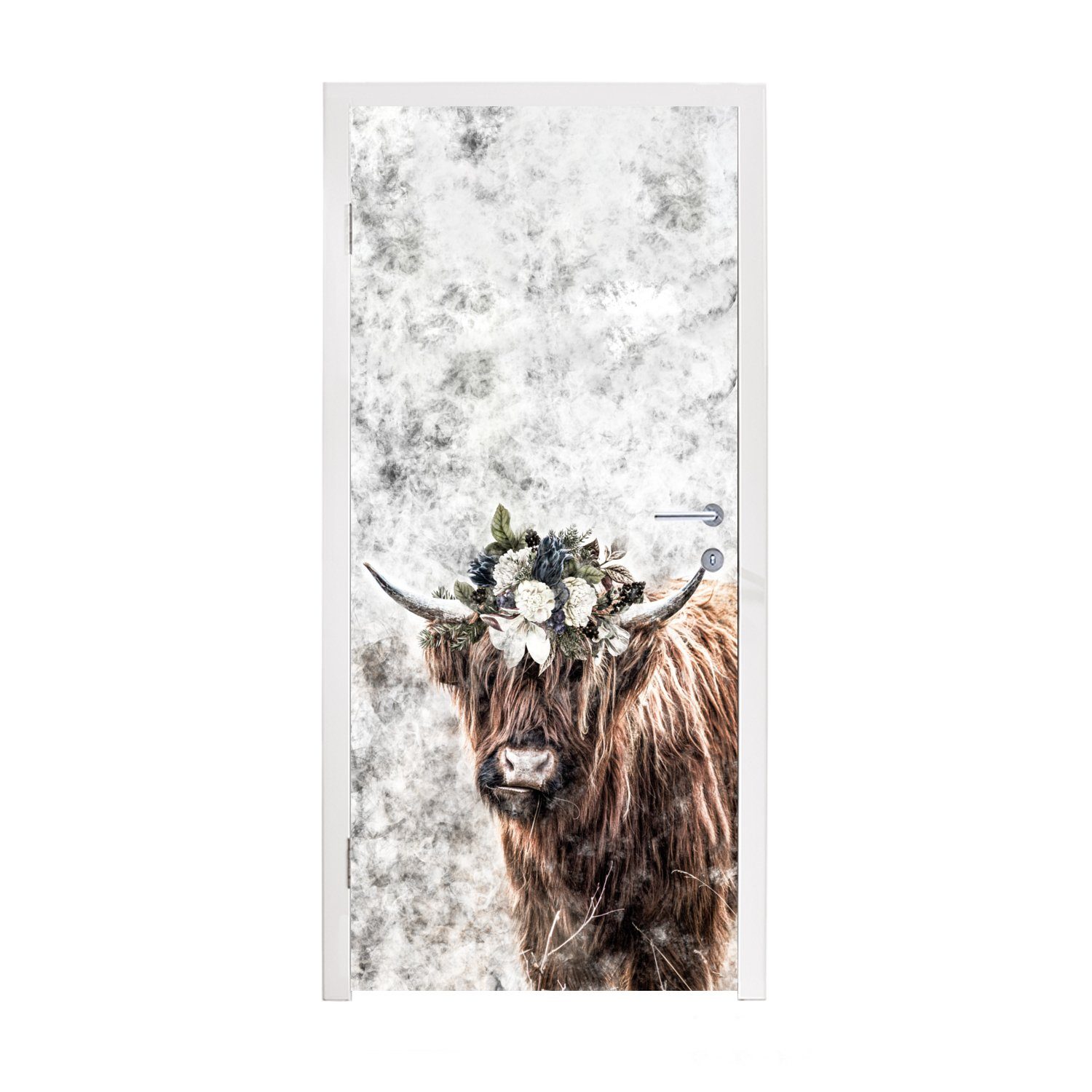 MuchoWow Türtapete Schottischer Highlander - Marmor - Blumen, Matt, bedruckt, (1 St), Fototapete für Tür, Türaufkleber, 75x205 cm