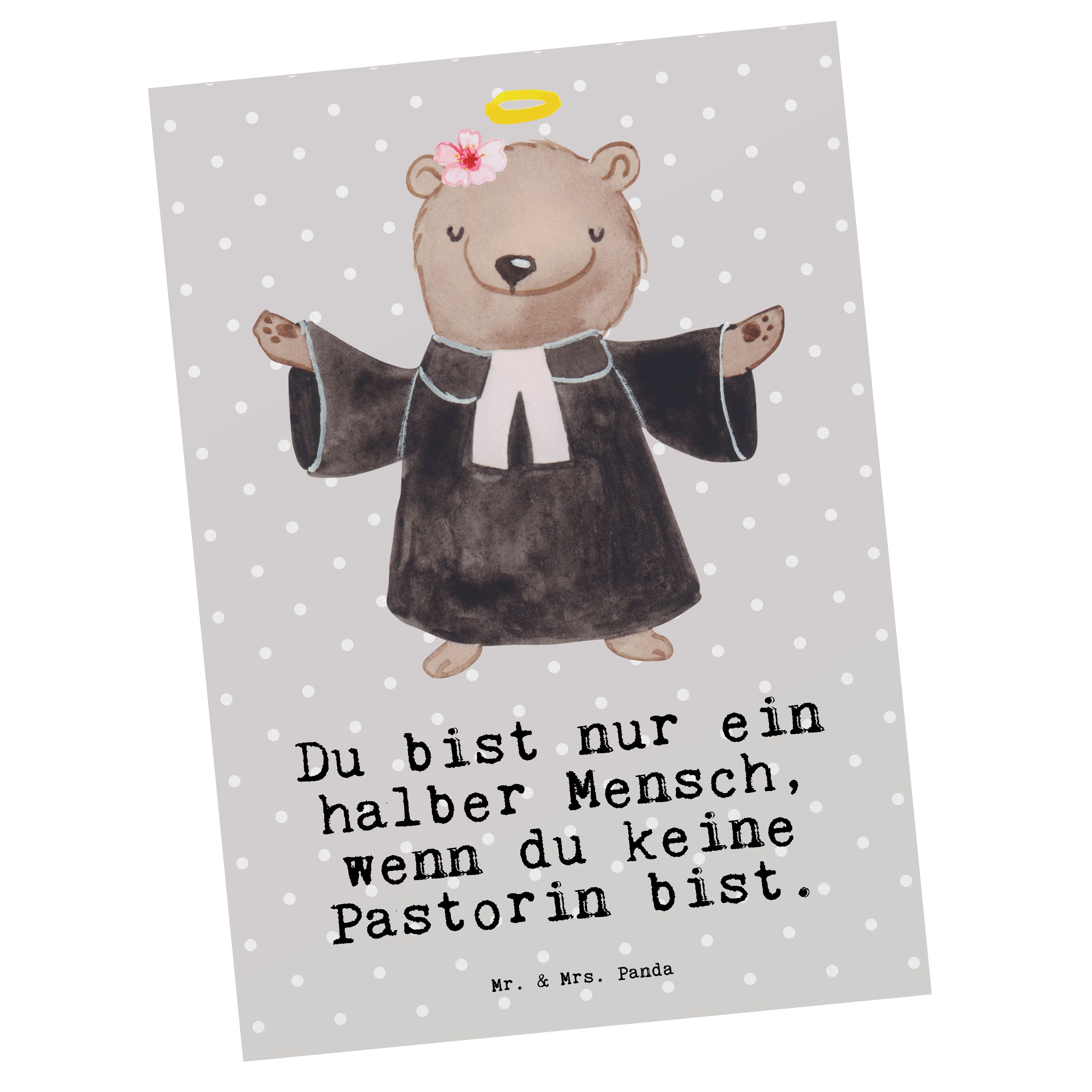 Mr. & Mrs. Panda Postkarte Pastorin mit Herz - Grau Pastell - Geschenk, Kirche, Theologin, Gesch | Grußkarten