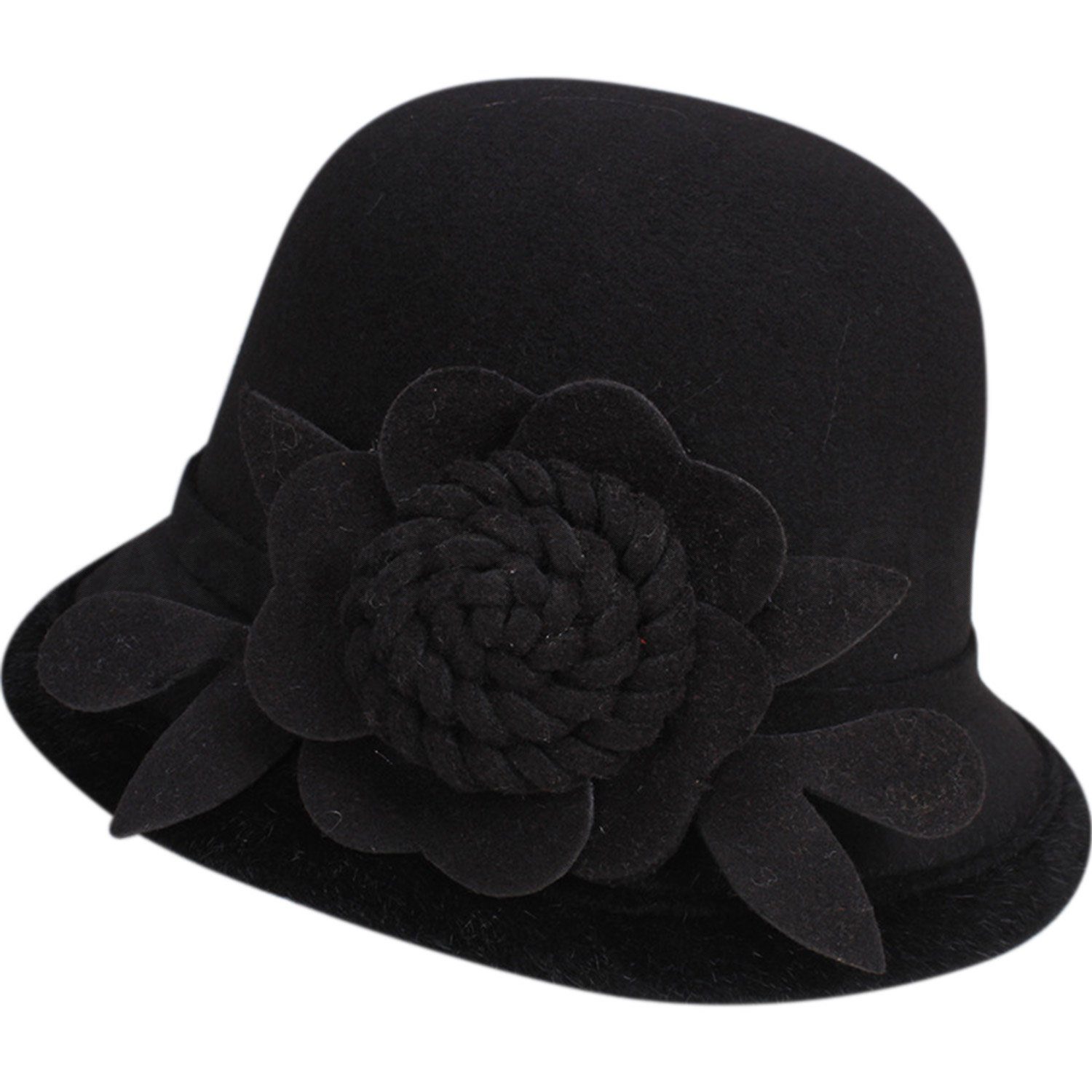 MAGICSHE Fischerhut Damen Filzhut 1920er Jahre Vintage Bowler Hut mit Blume Schwarz