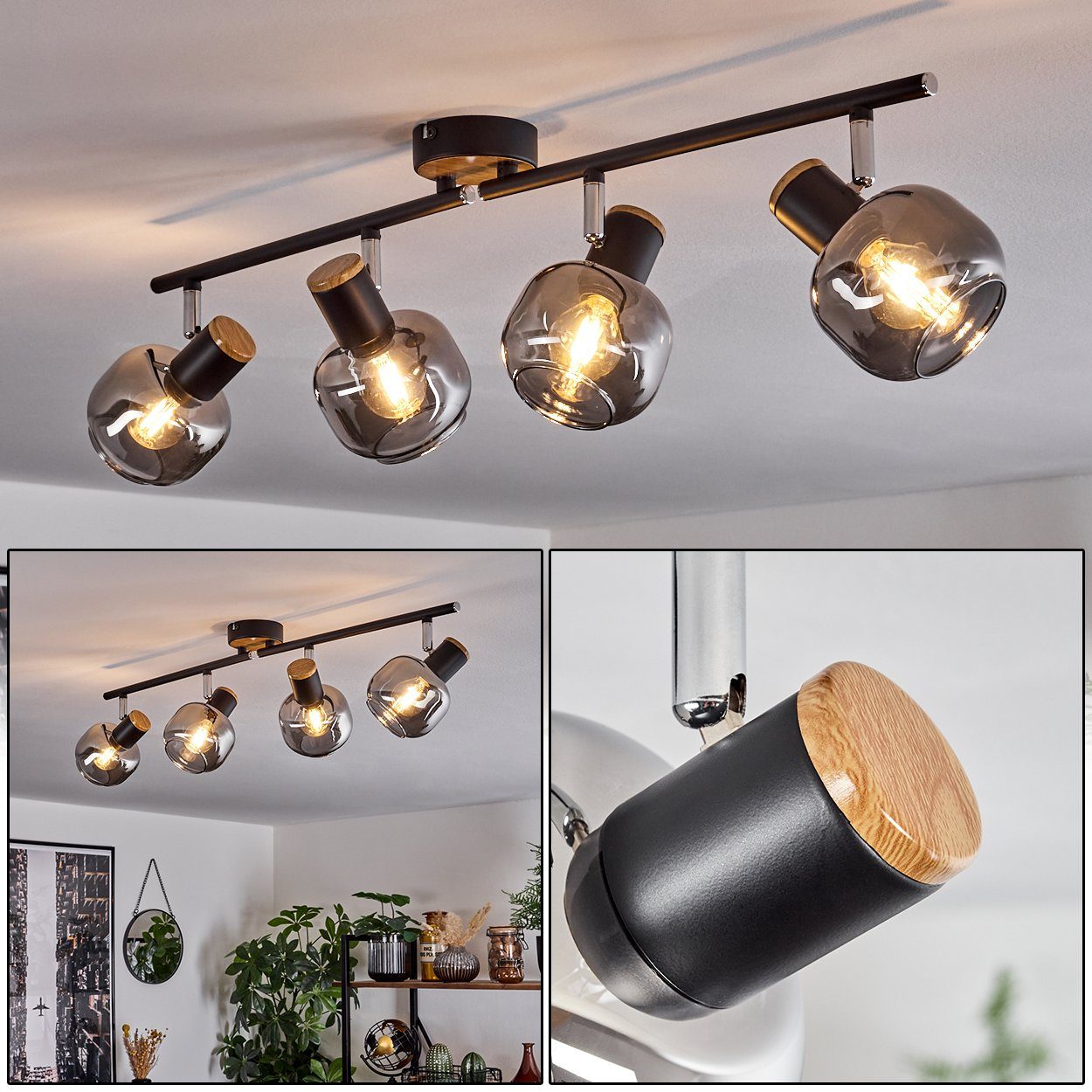 hofstein Deckenleuchte Deckenlampe Metall/MDF/Glas in Schwarz/Chrom/Holzopt günstig online kaufen