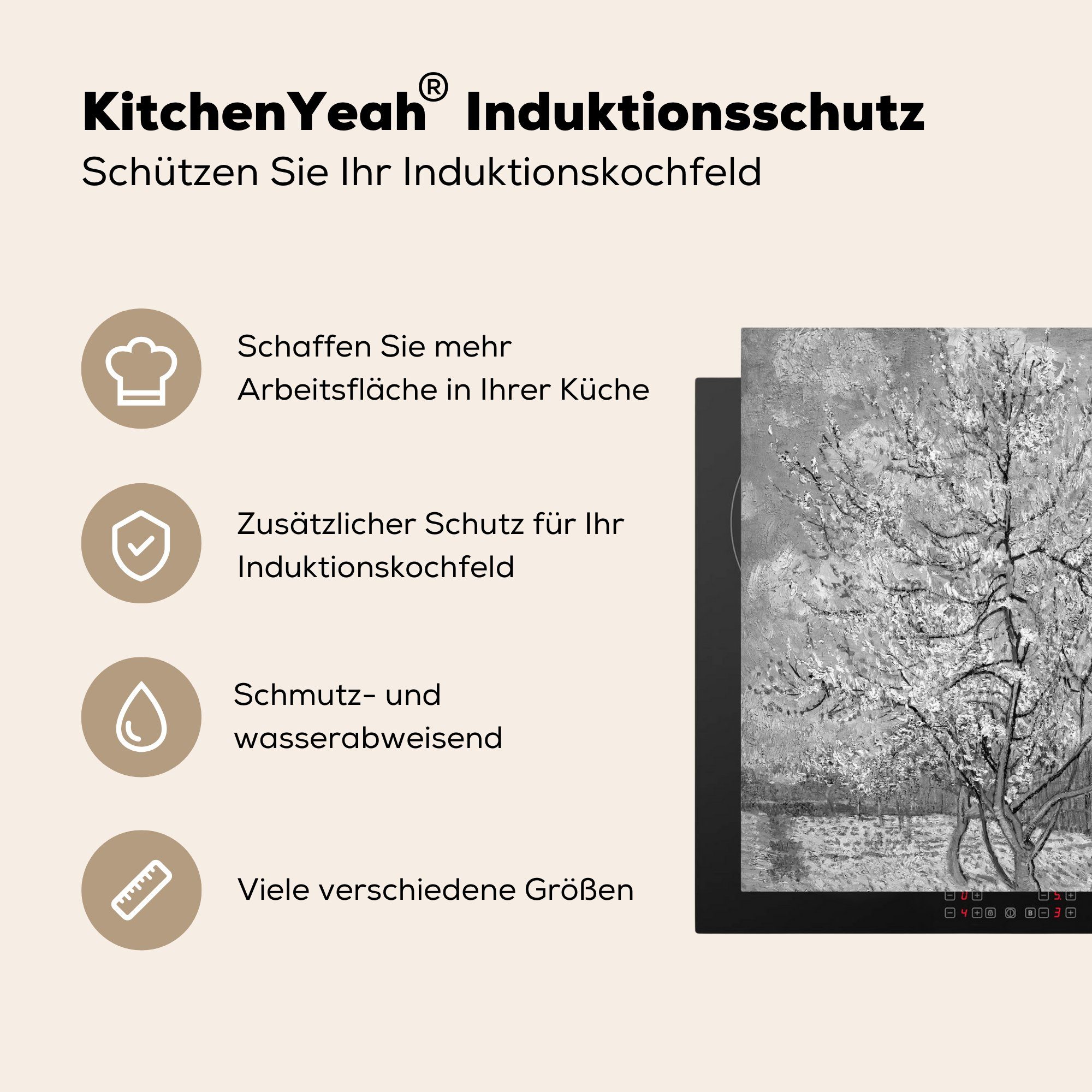 Vincent Blühender MuchoWow küche Ceranfeldabdeckung, Schwarz Gogh Arbeitsplatte - Vinyl, und (1 78x78 - van Herdblende-/Abdeckplatte Pfirsichbaum weiß, tlg), cm, für